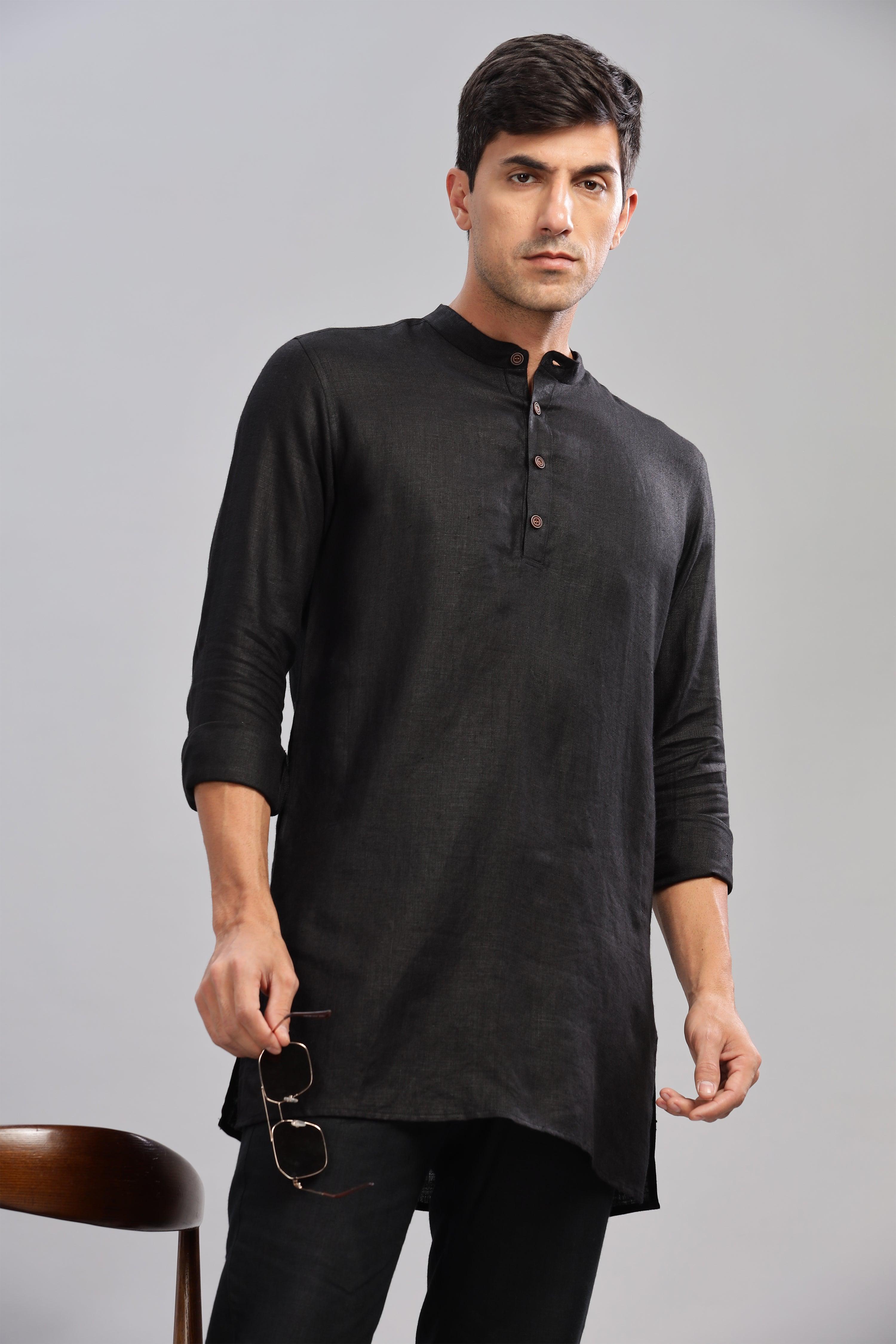 AARAV - Elegant Simplicity Pure Linen Black Kurta Sets