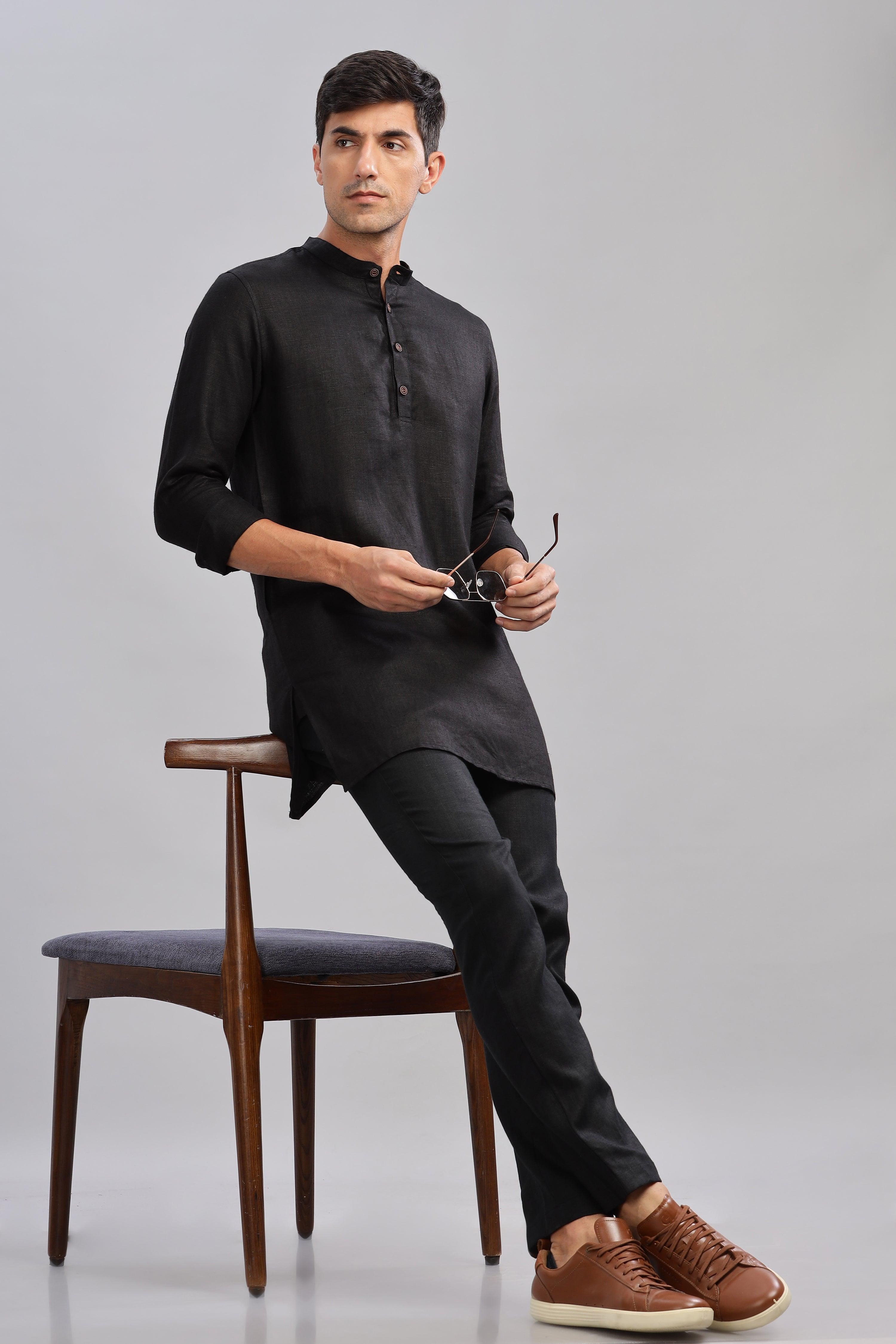 AARAV - Elegant Simplicity Pure Linen Black Kurta