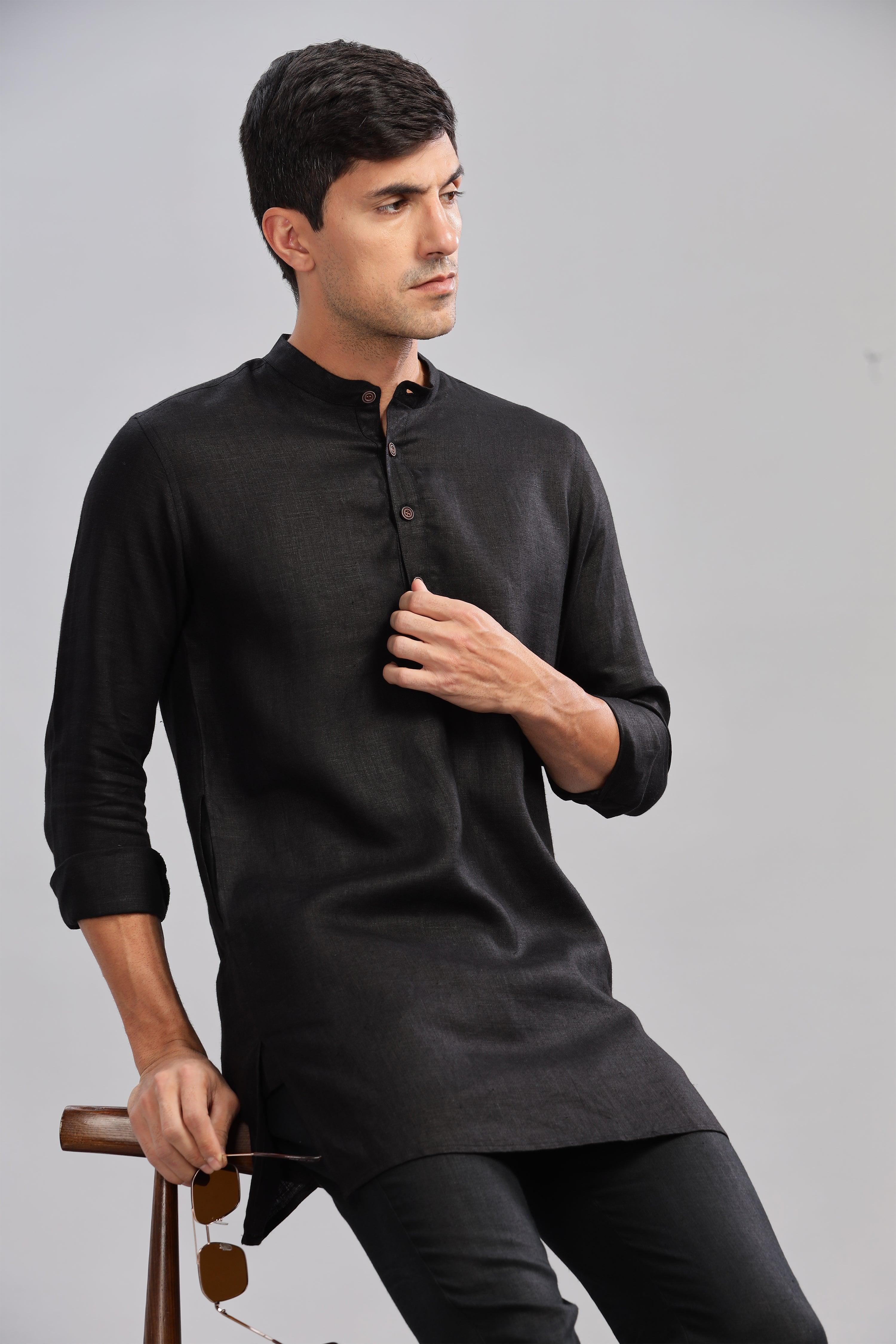 AARAV - Elegant Simplicity Pure Linen Black Kurta