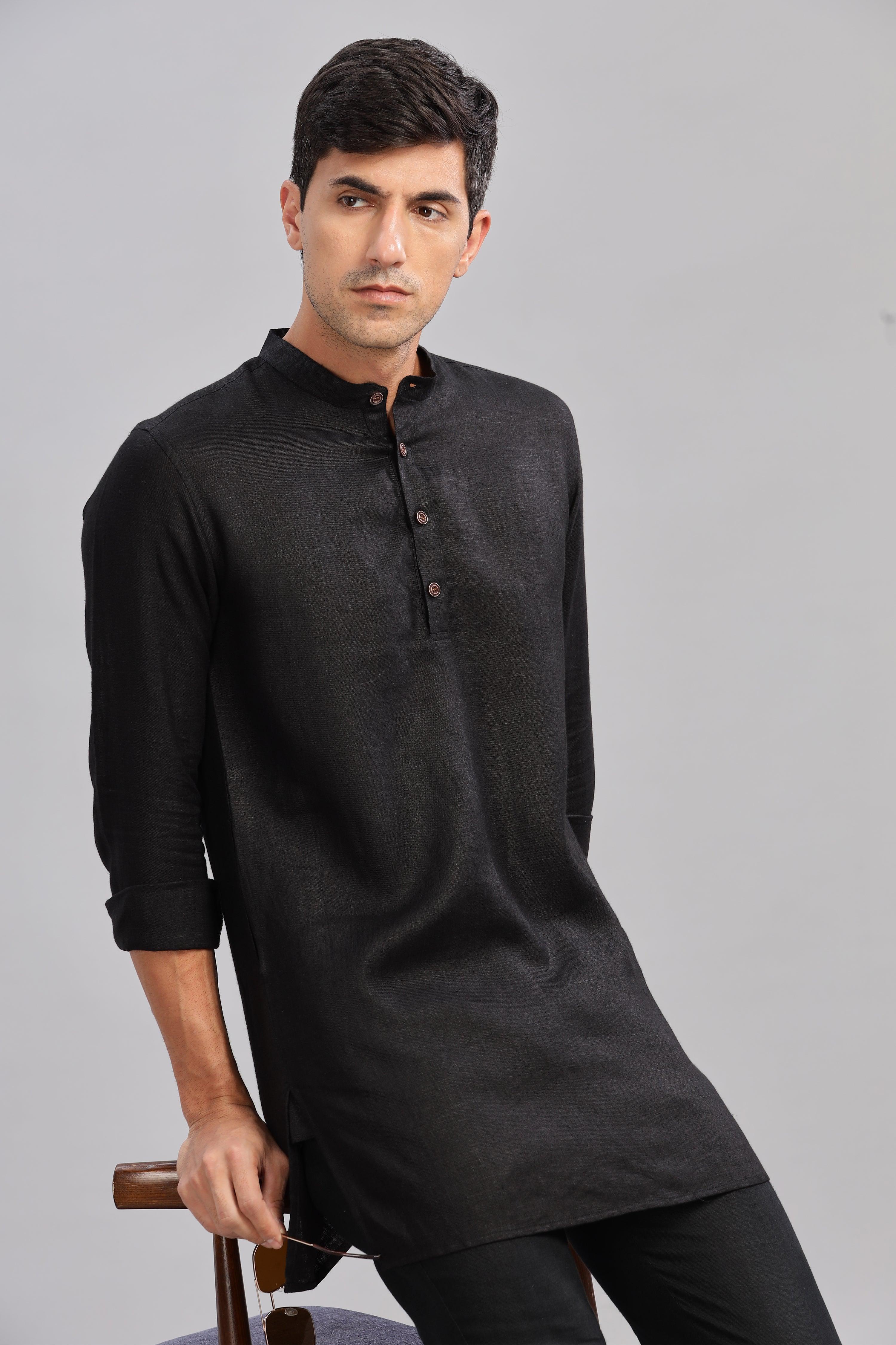 AARAV - Elegant Simplicity Pure Linen Black Kurta