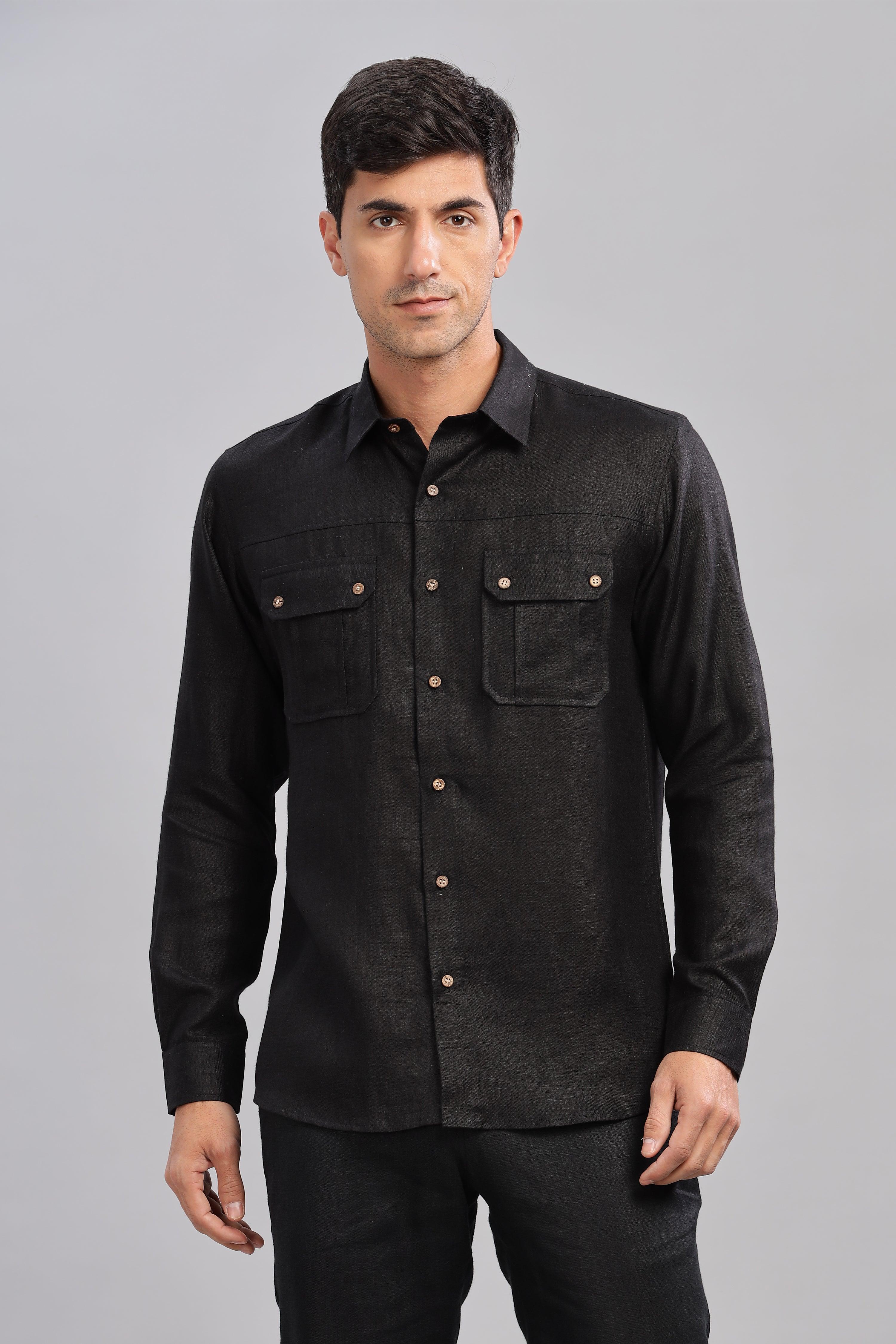 KARL - The Rugged Gentleman Pure Linen Double Pocket Black Shirt