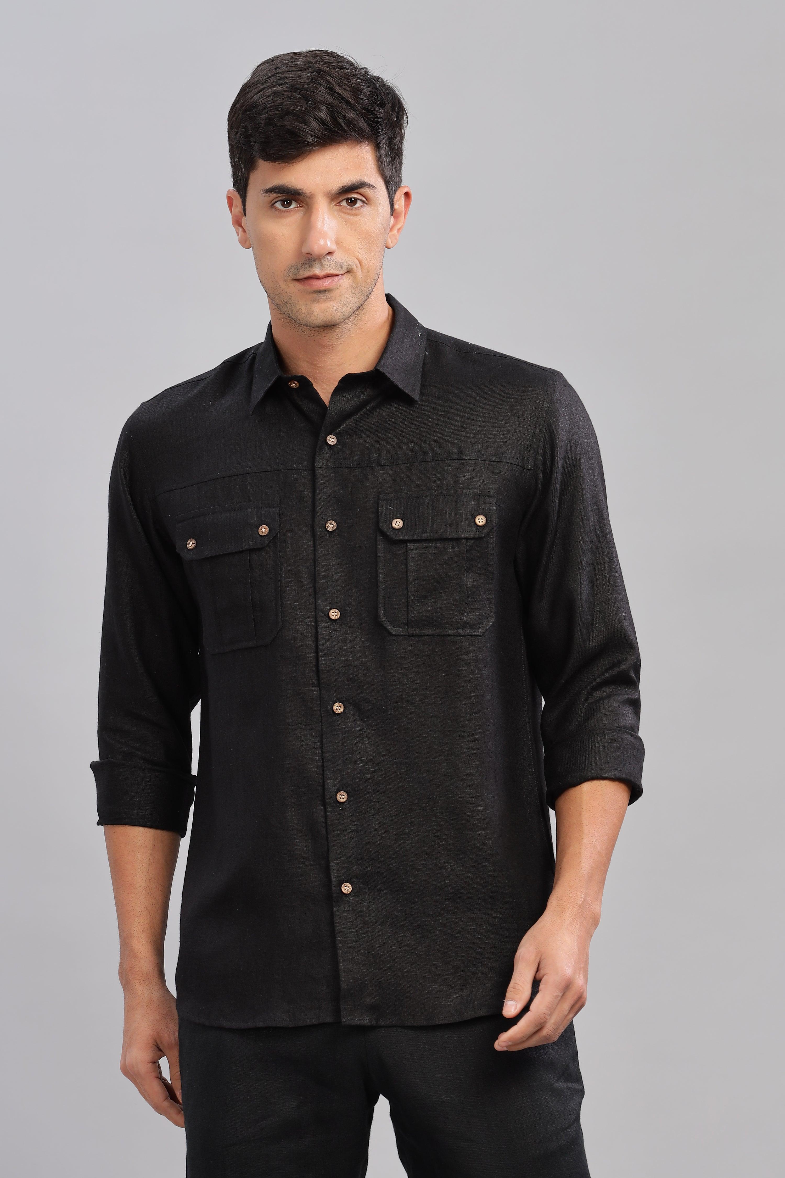 KARL - The Rugged Gentleman Pure Linen Double Pocket Black Shirt