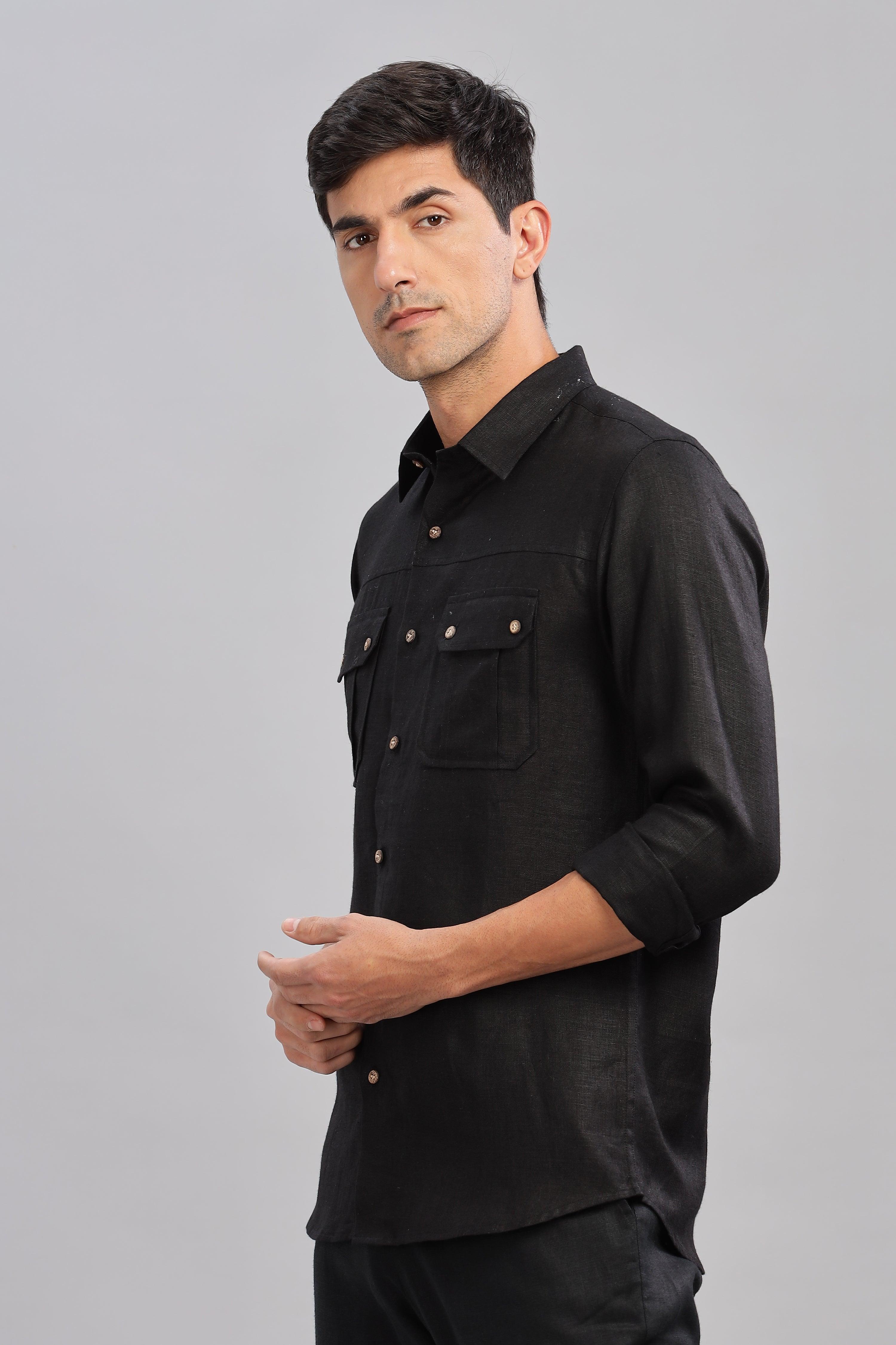 KARL - The Rugged Gentleman Pure Linen Double Pocket Black Shirt