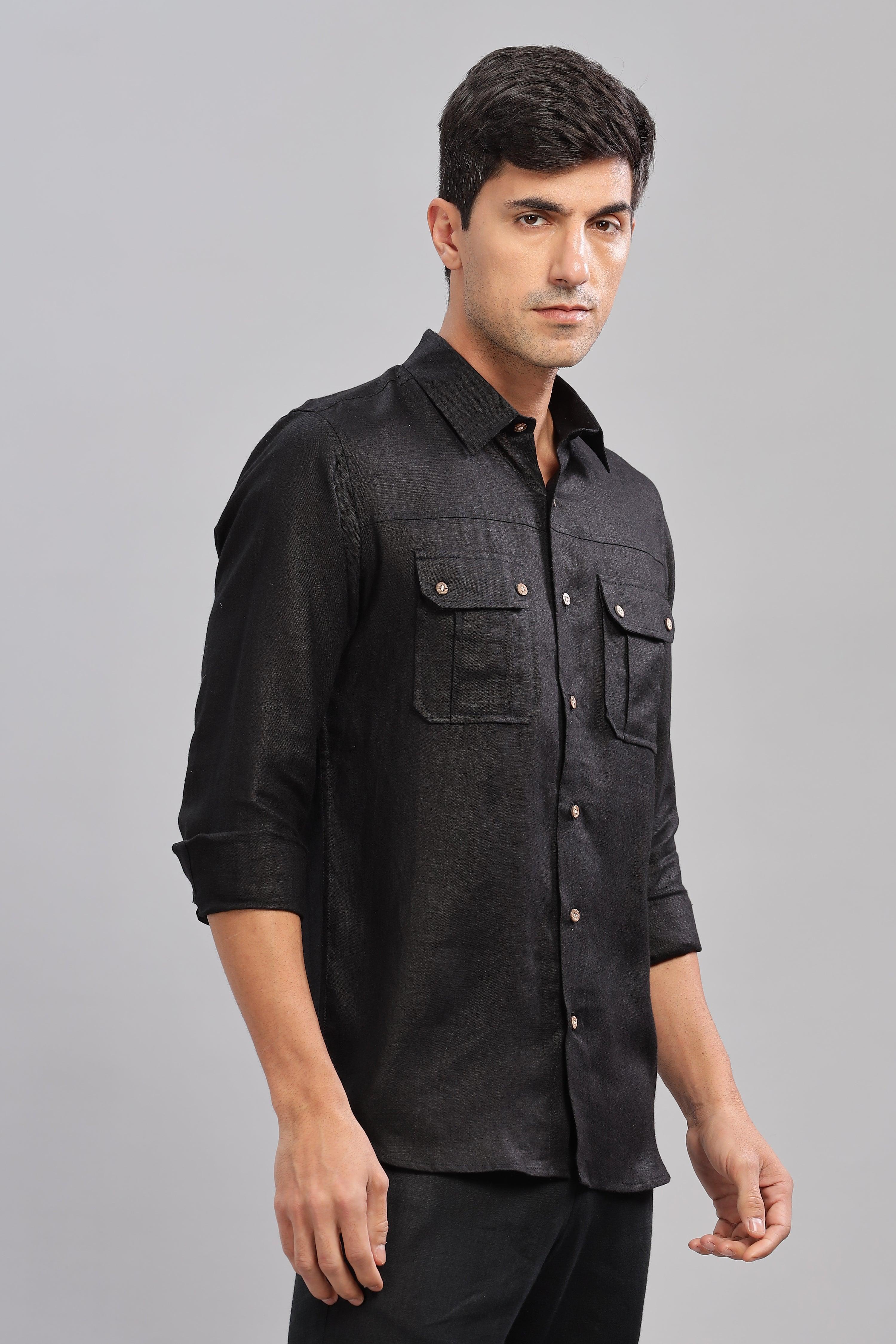 KARL - The Rugged Gentleman Pure Linen Double Pocket Black Shirt