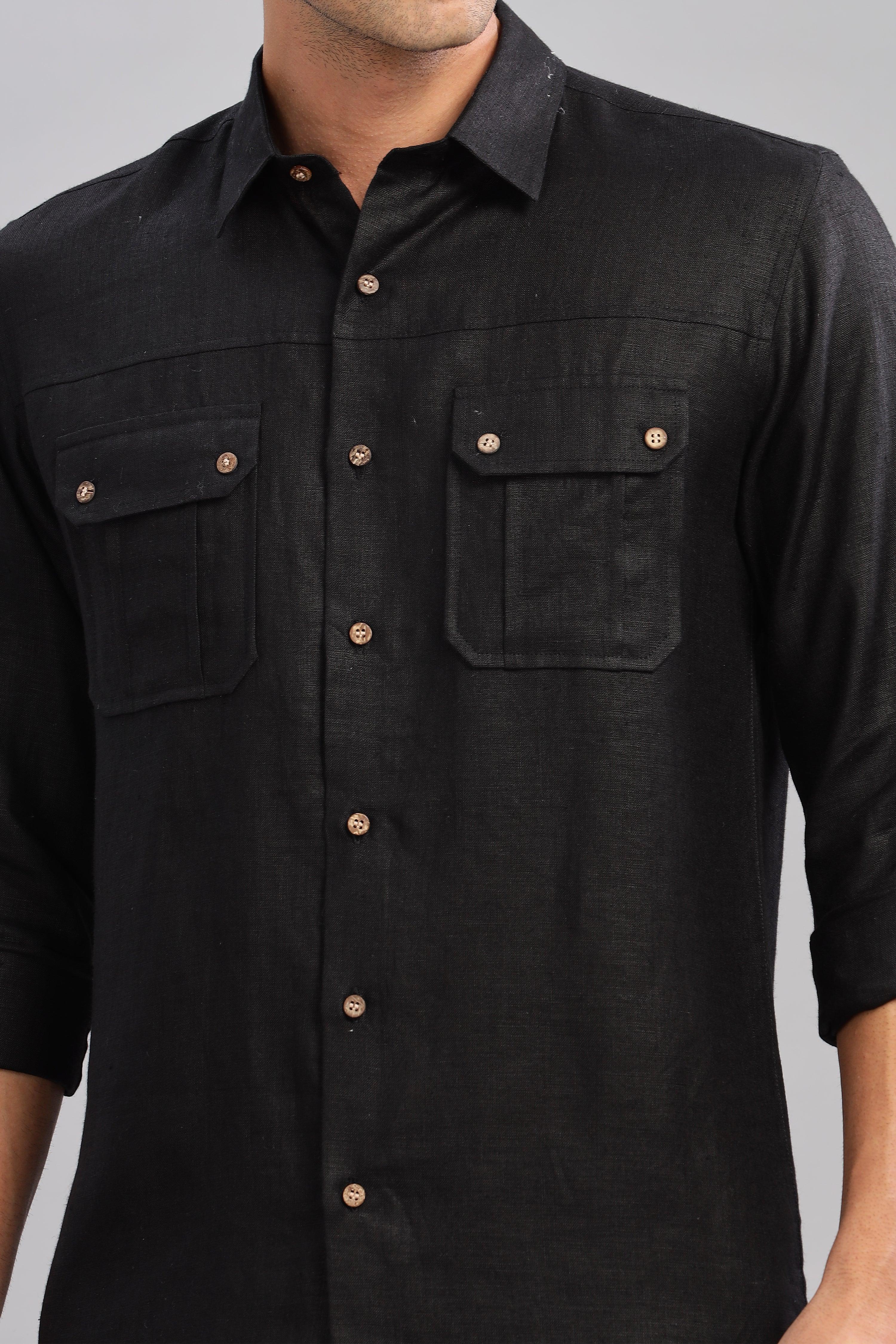 KARL - The Rugged Gentleman Pure Linen Double Pocket Black Shirt