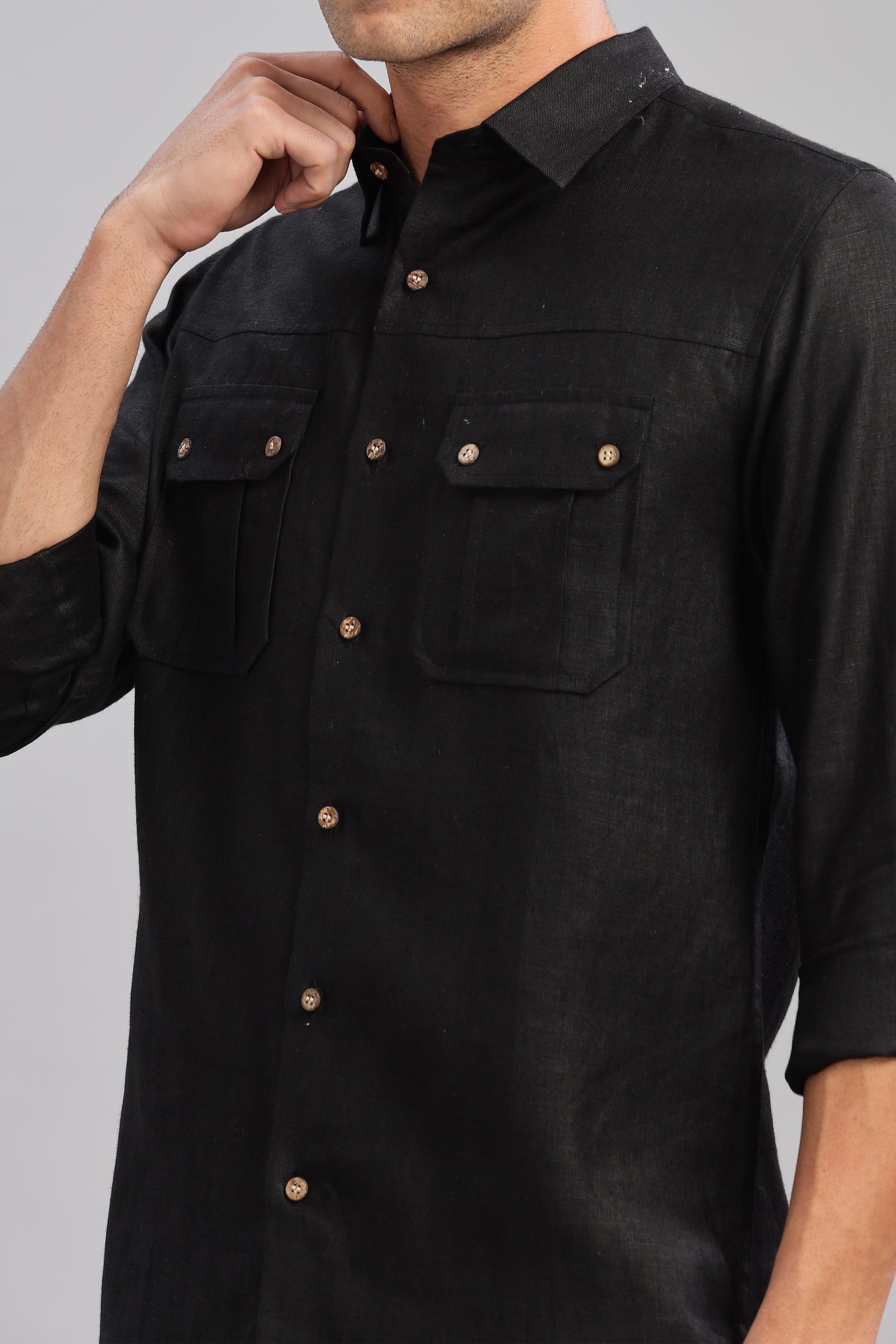 KARL - The Rugged Gentleman Pure Linen Double Pocket Black Shirt