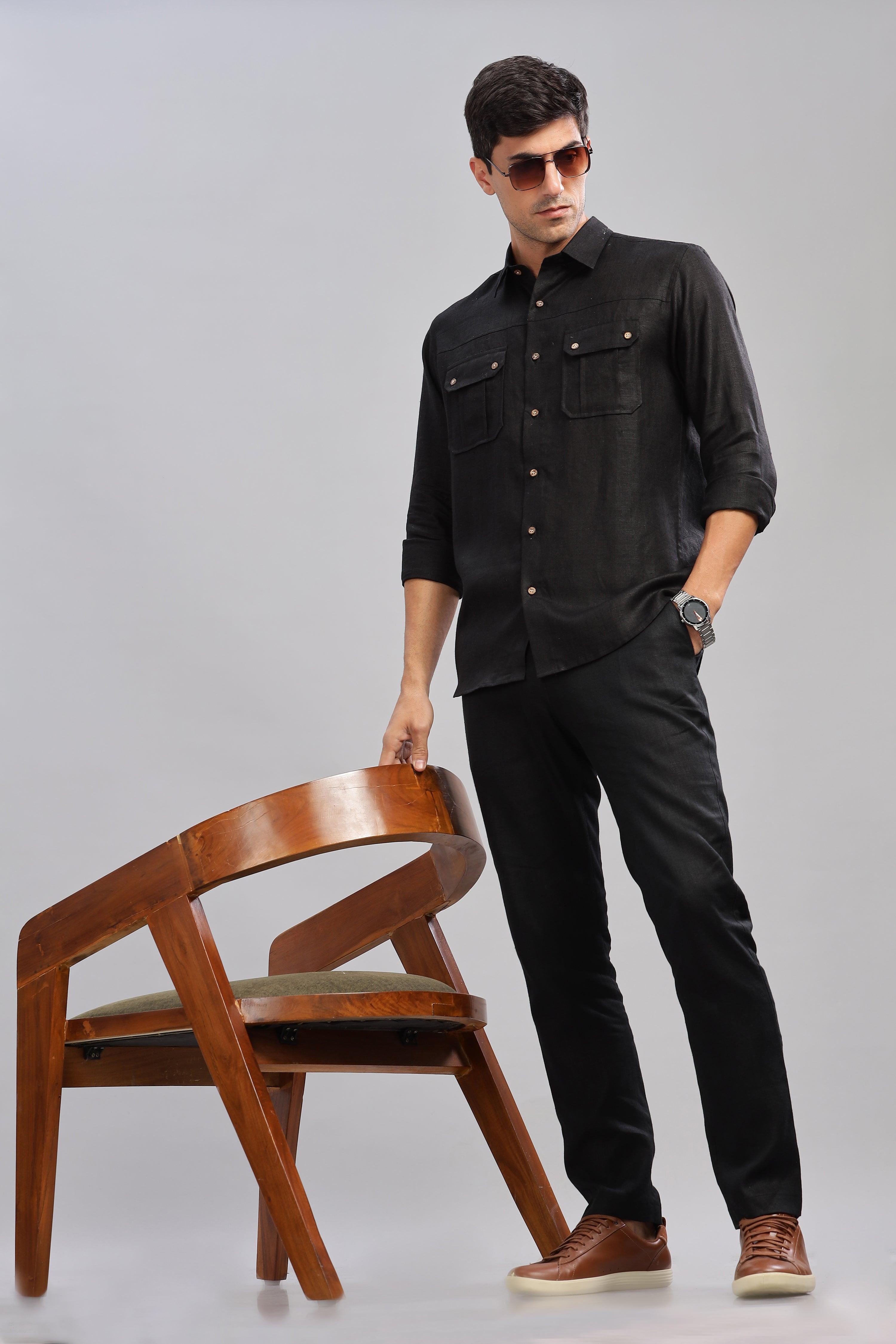 KARL - The Rugged Gentleman Pure Linen Double Pocket Black Shirt