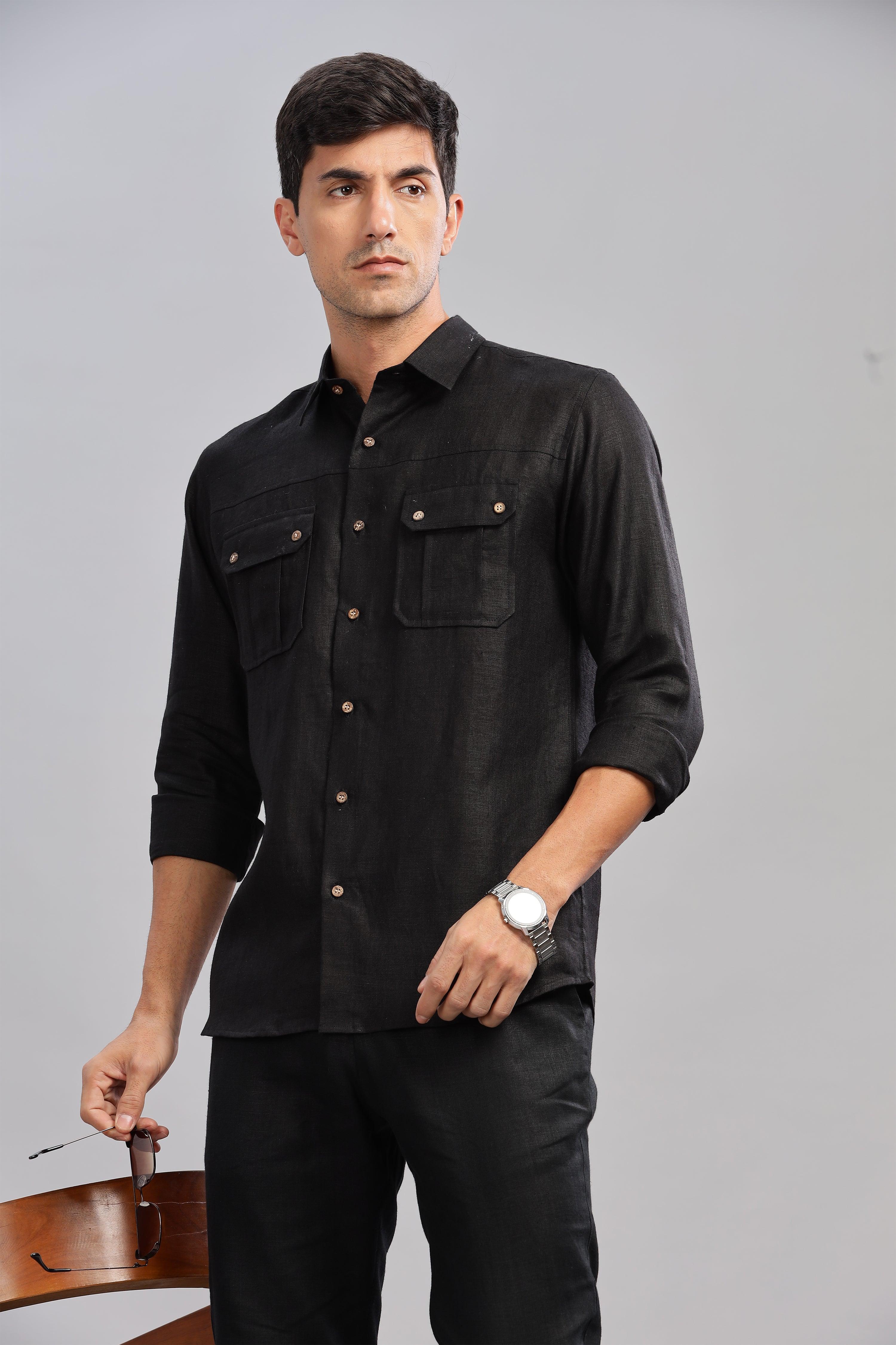 KARL - The Rugged Gentleman Pure Linen Double Pocket Black Shirt