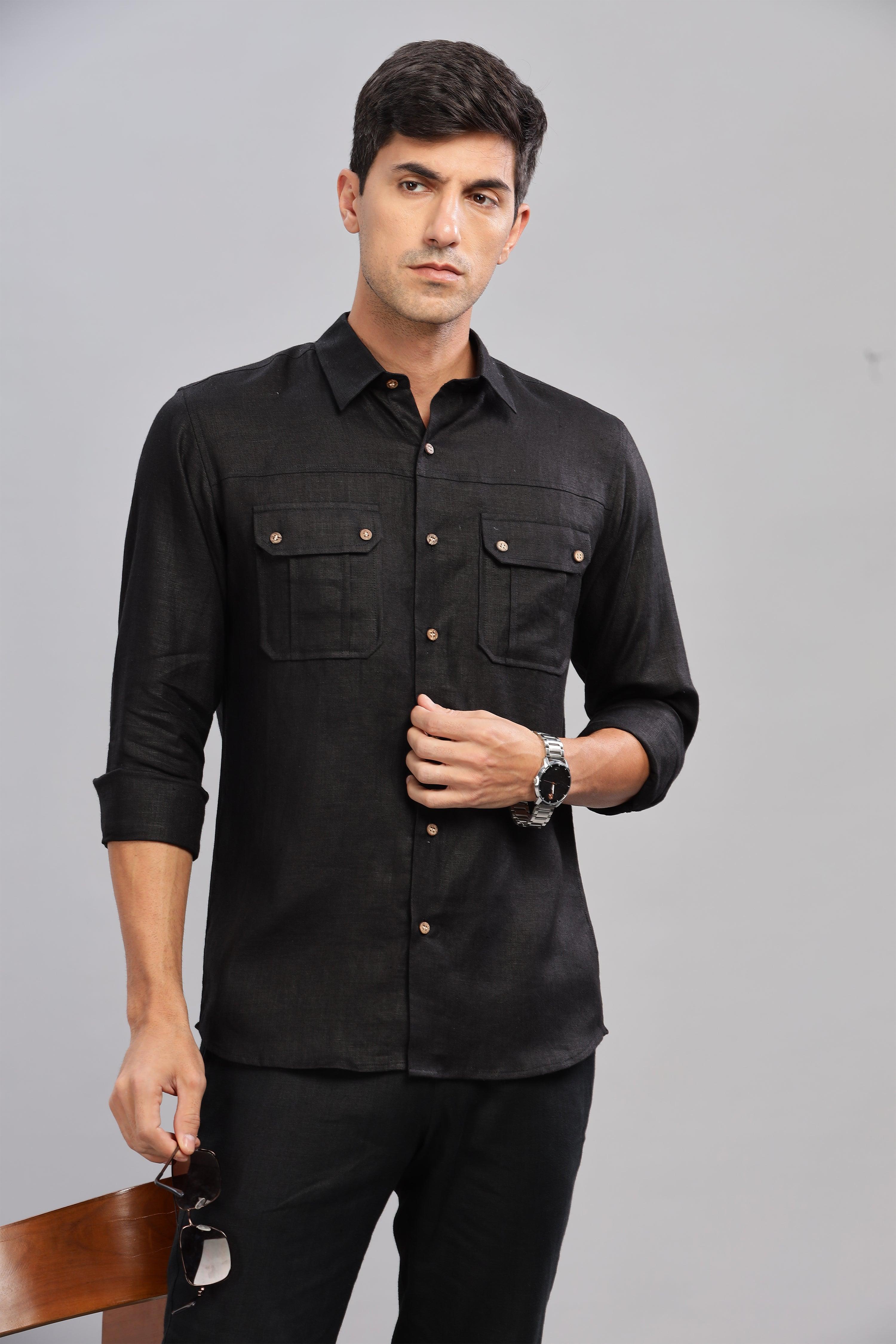 KARL - The Rugged Gentleman Pure Linen Double Pocket Black Shirt