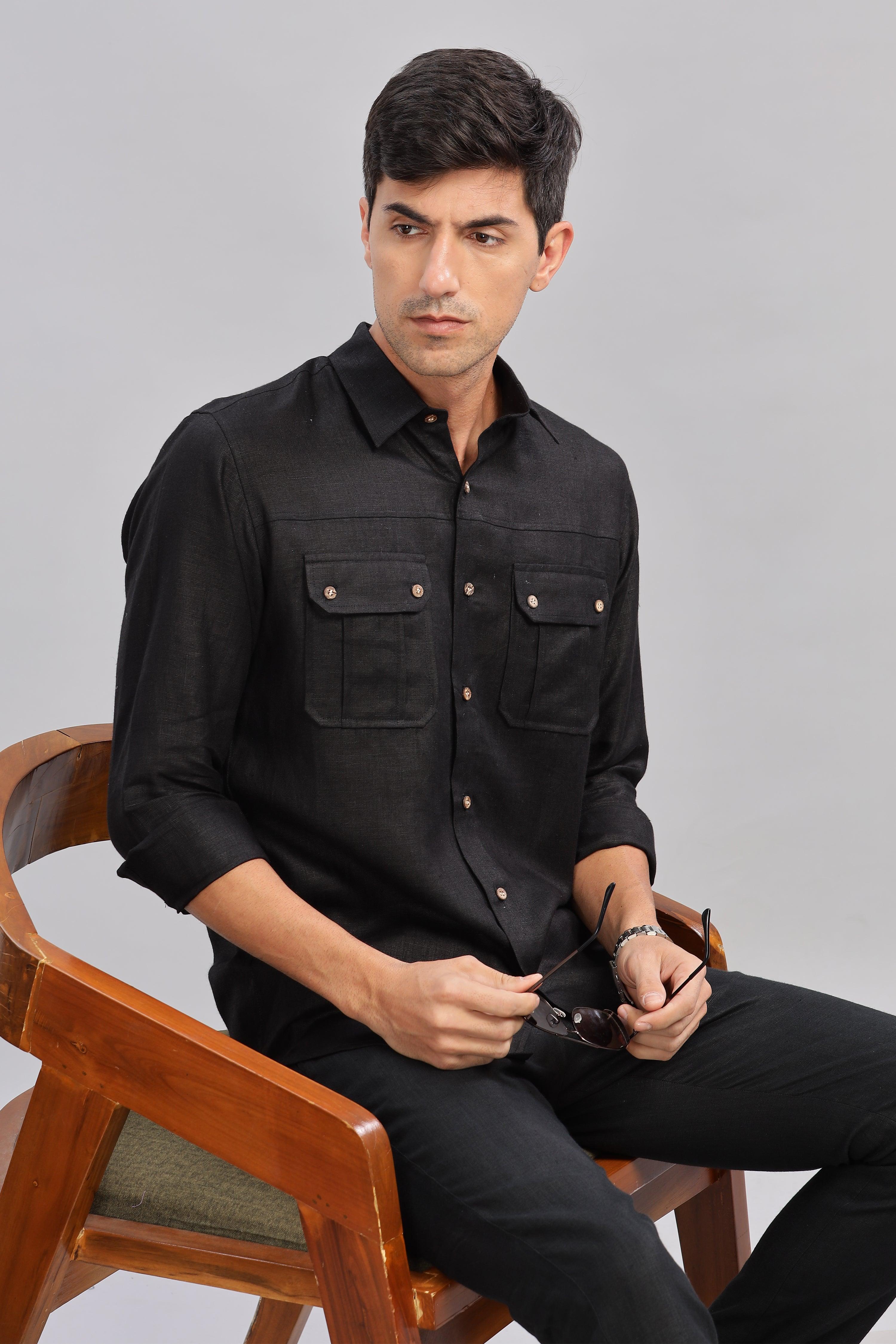 KARL - The Rugged Gentleman Pure Linen Double Pocket Black Shirt