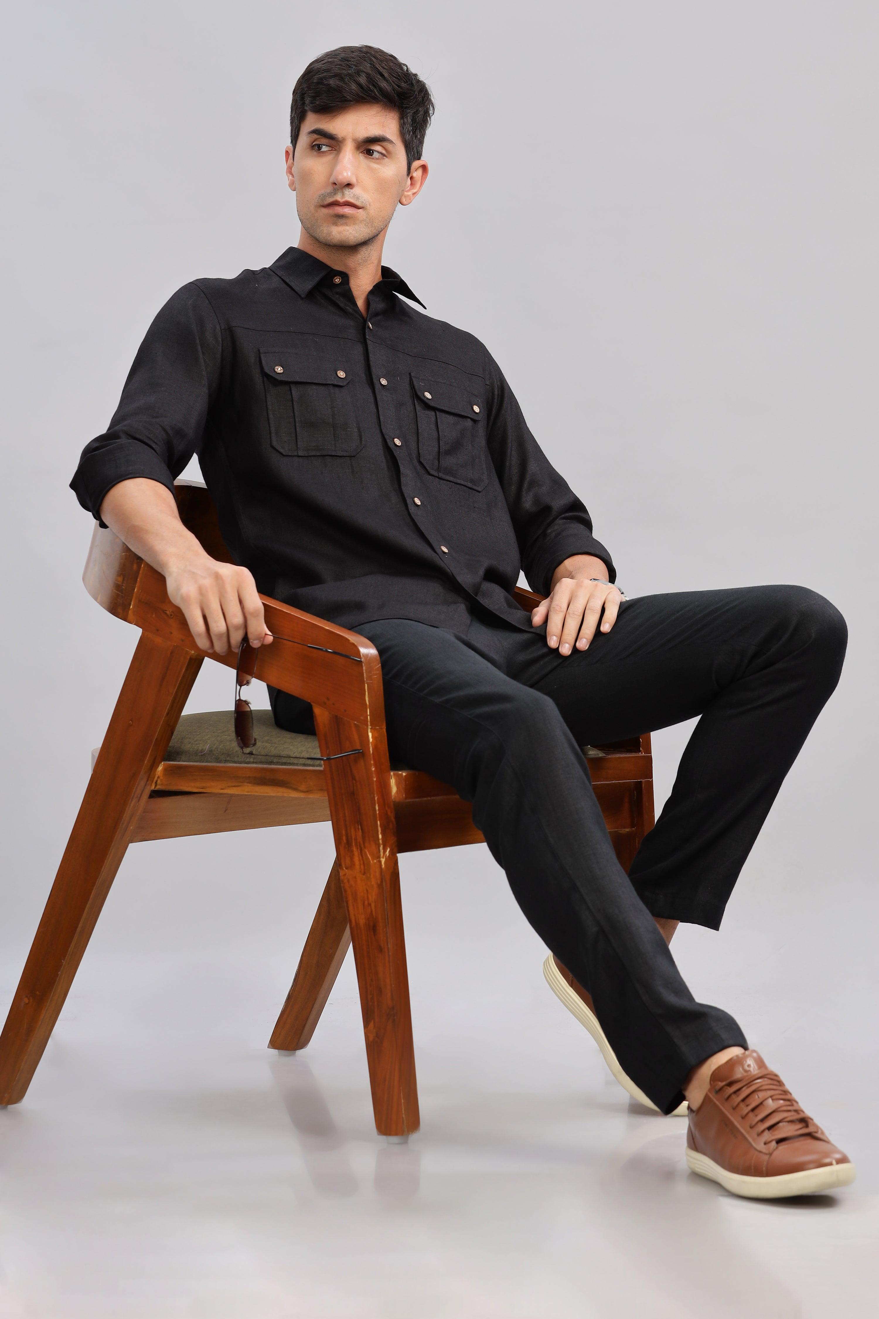 KARL - The Rugged Gentleman Pure Linen Double Pocket Black Shirt