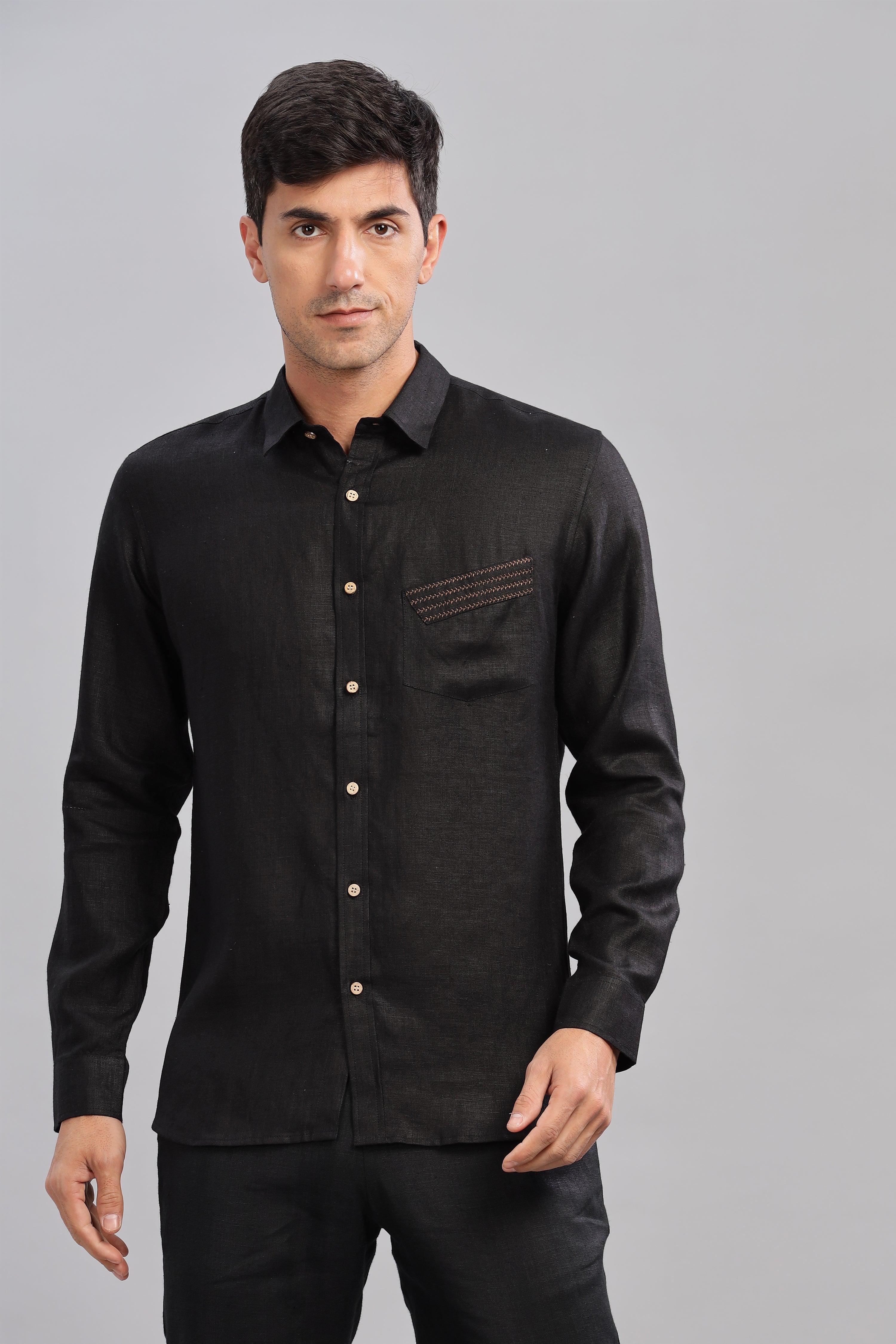 GALE - EMBROIDERED STITCH DETAIL BLACK SHIRT - UNIQUE LUXURY