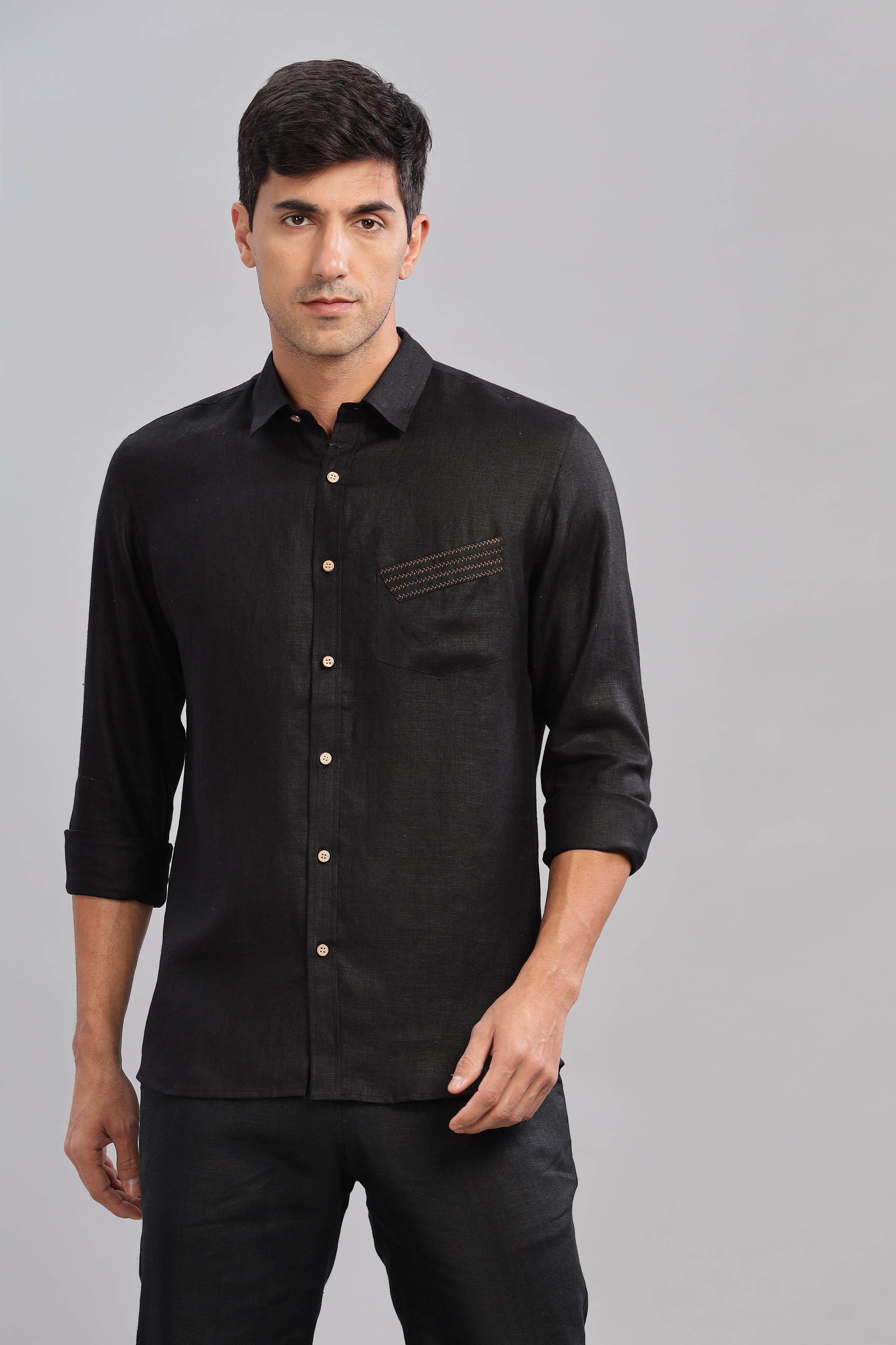 GALE - EMBROIDERED STITCH DETAIL BLACK SHIRT - UNIQUE LUXURY