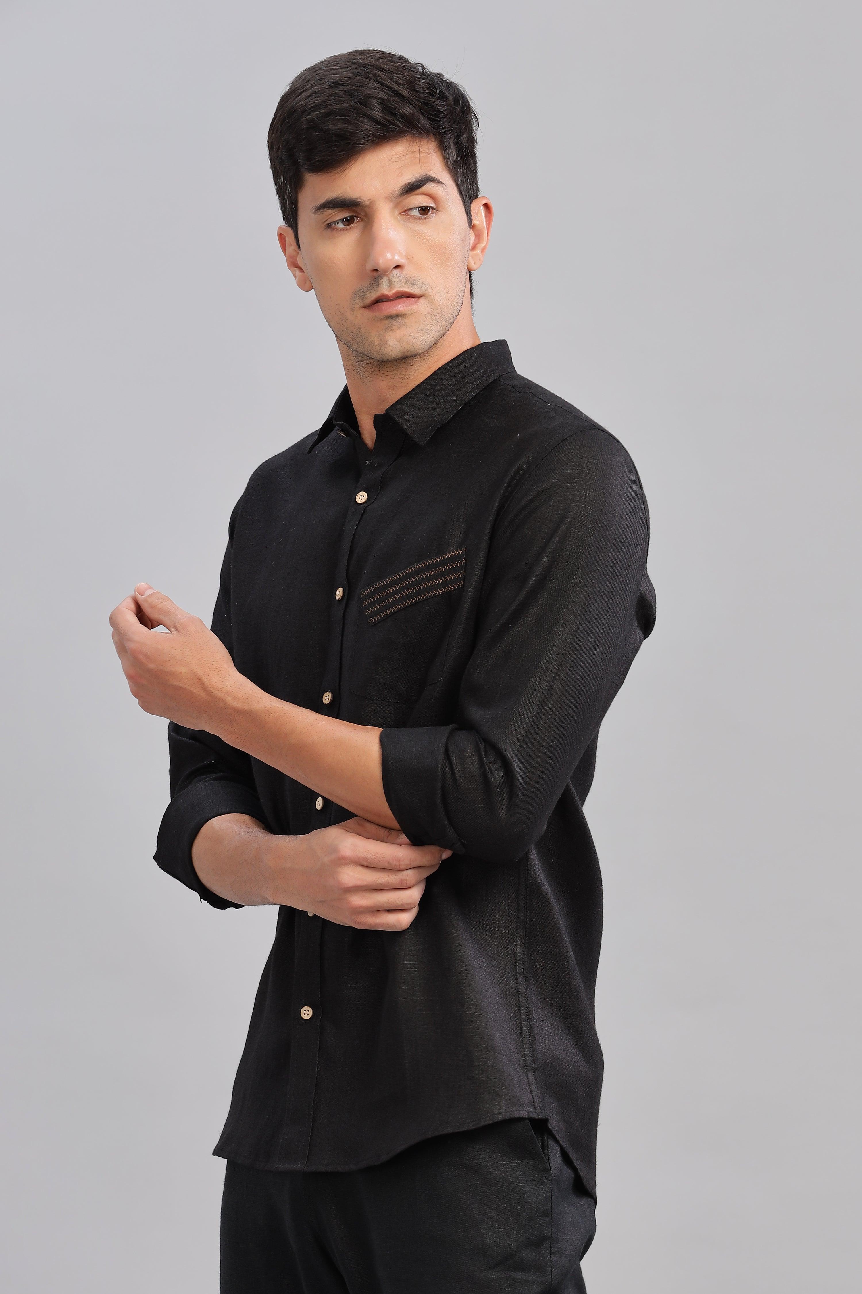 GALE - EMBROIDERED STITCH DETAIL BLACK SHIRT - UNIQUE LUXURY