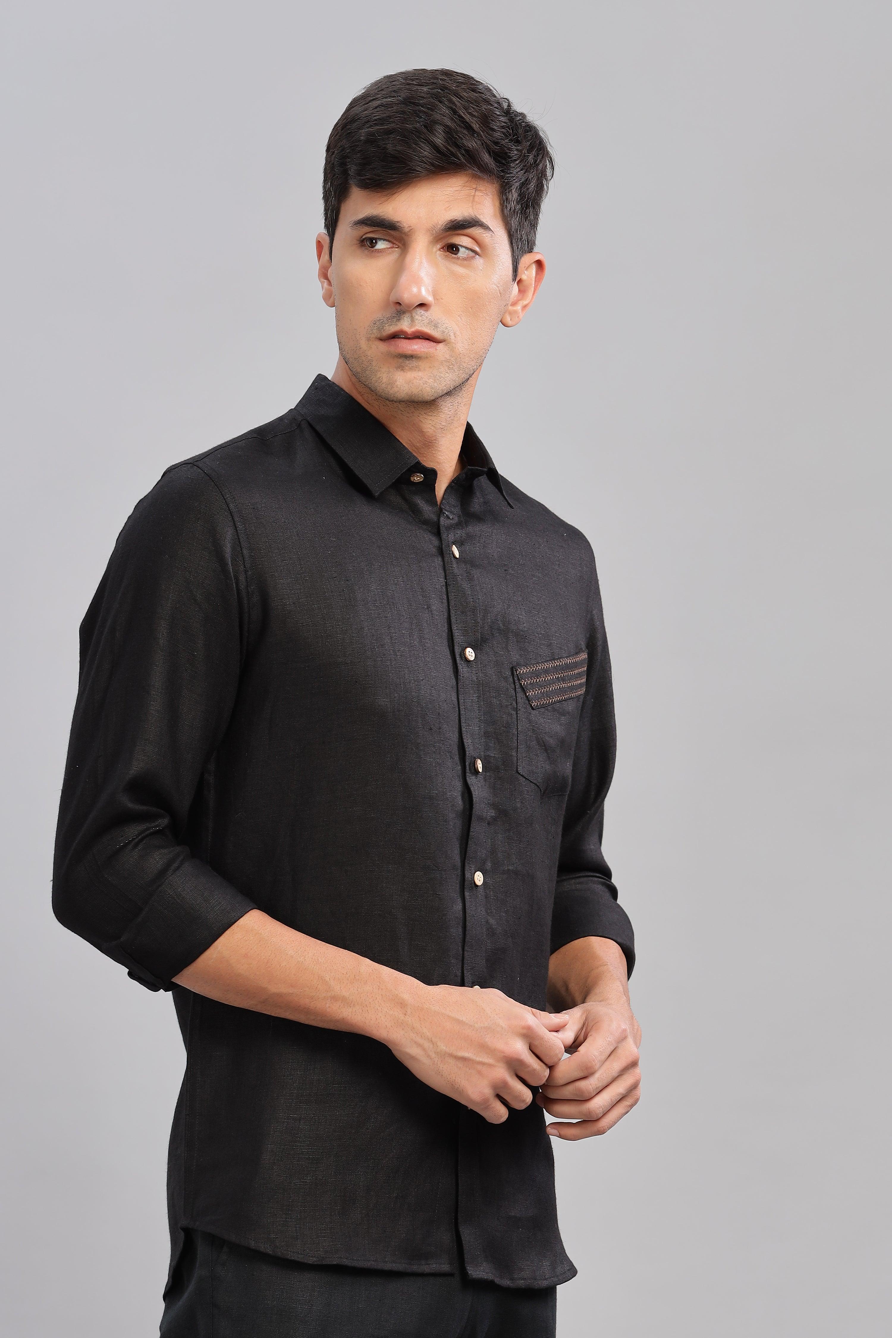 GALE - EMBROIDERED STITCH DETAIL BLACK SHIRT - UNIQUE LUXURY