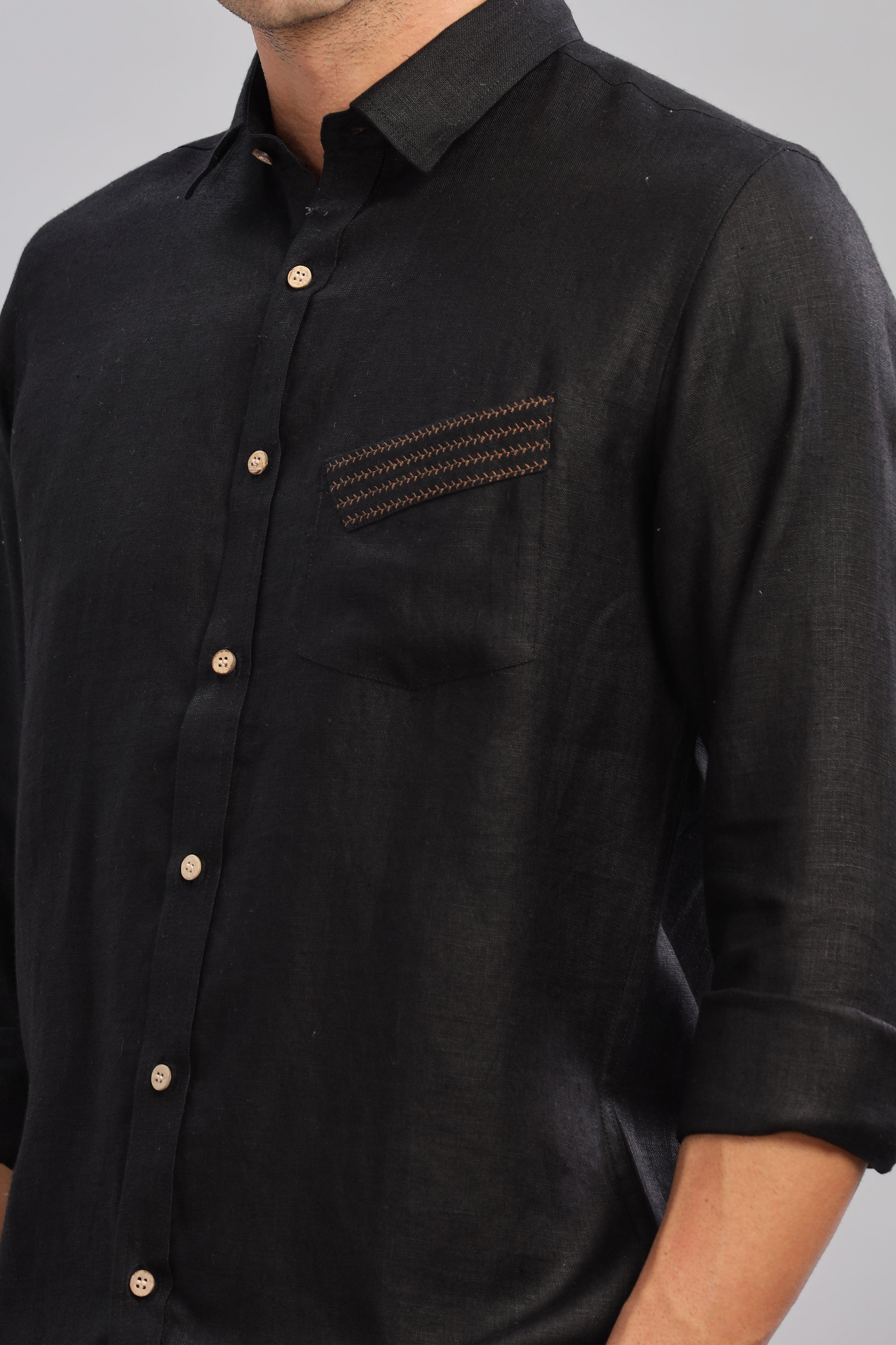 GALE - EMBROIDERED STITCH DETAIL BLACK SHIRT - UNIQUE LUXURY