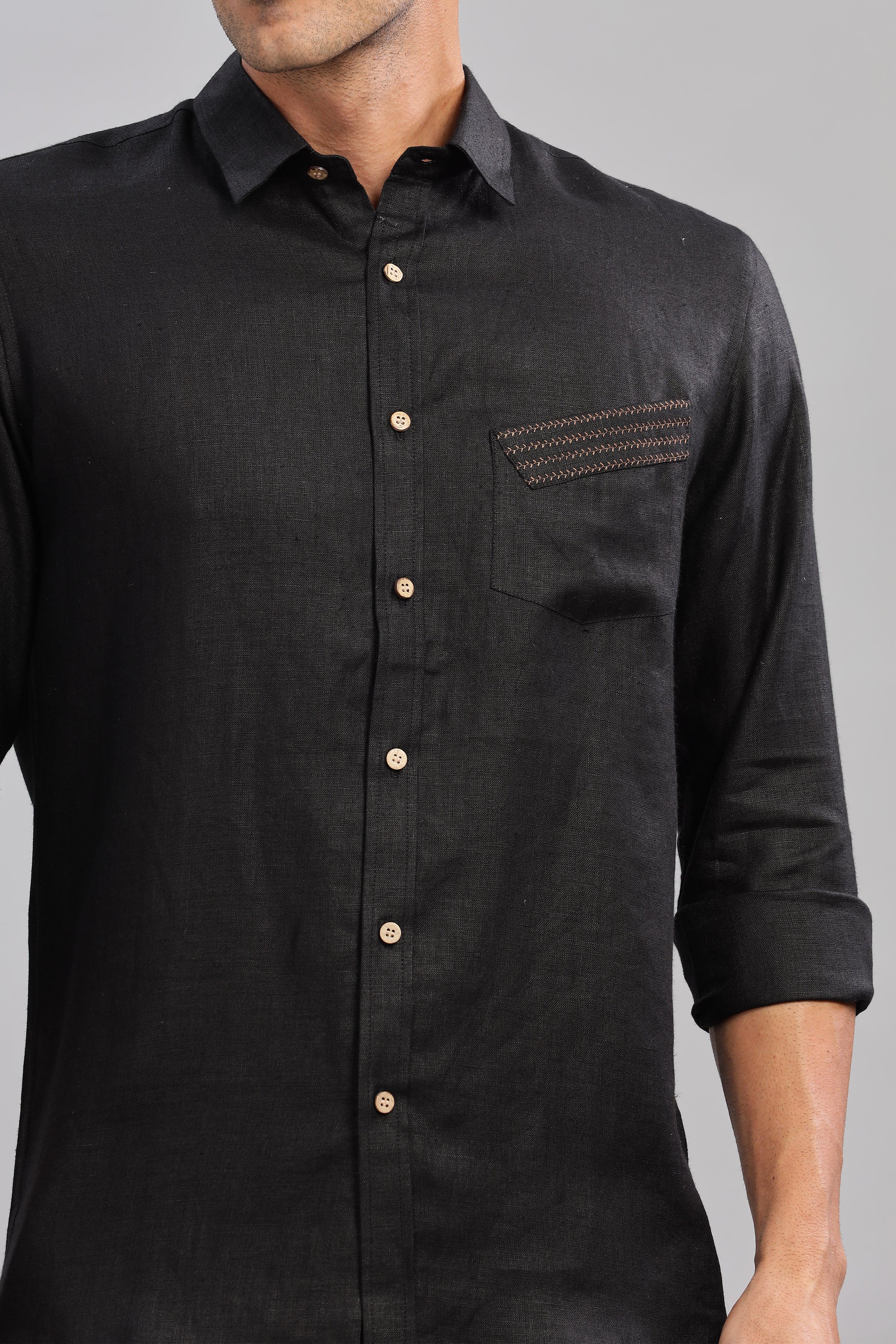 GALE - EMBROIDERED STITCH DETAIL BLACK SHIRT - UNIQUE LUXURY