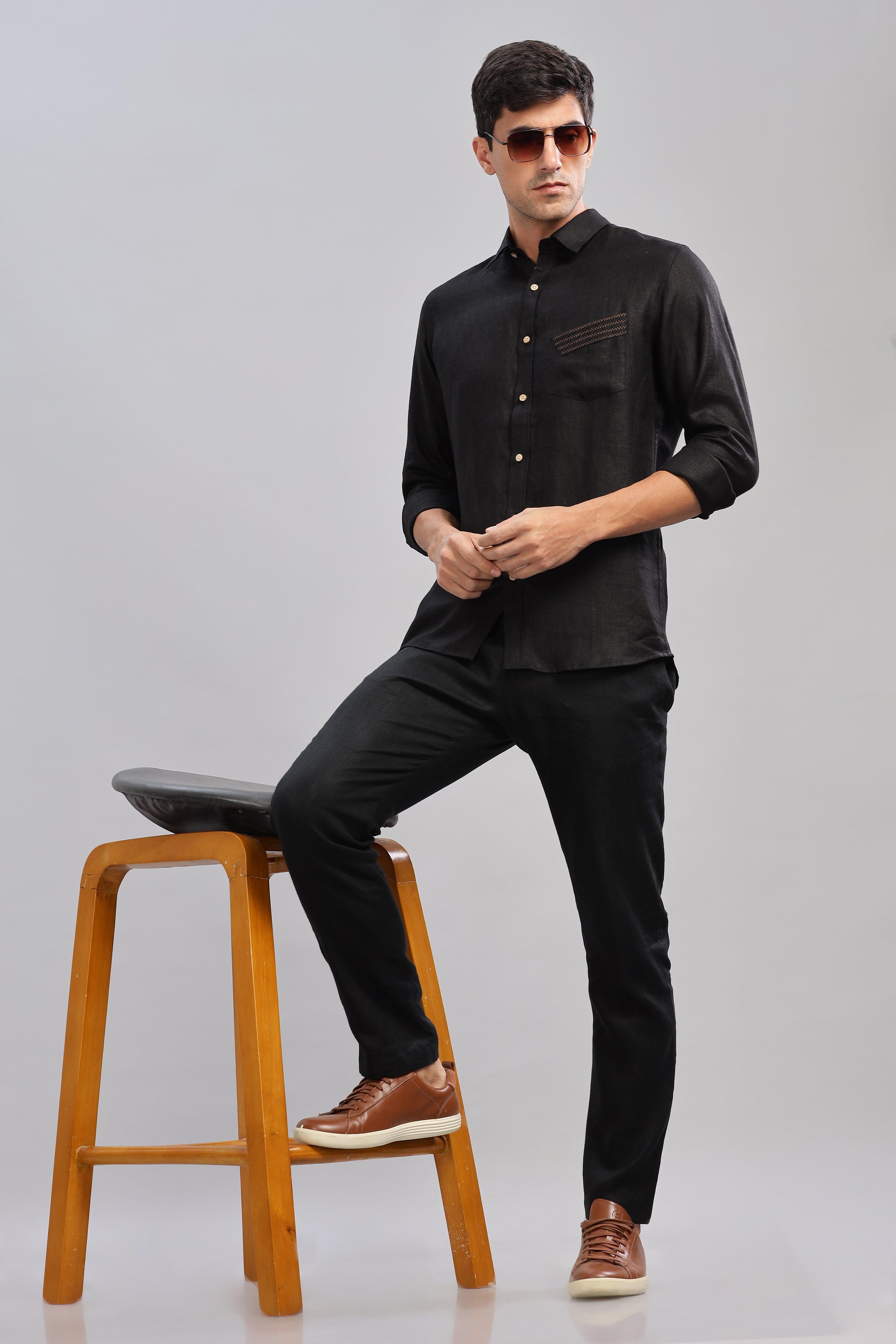 GALE - EMBROIDERED STITCH DETAIL BLACK SHIRT - UNIQUE LUXURY