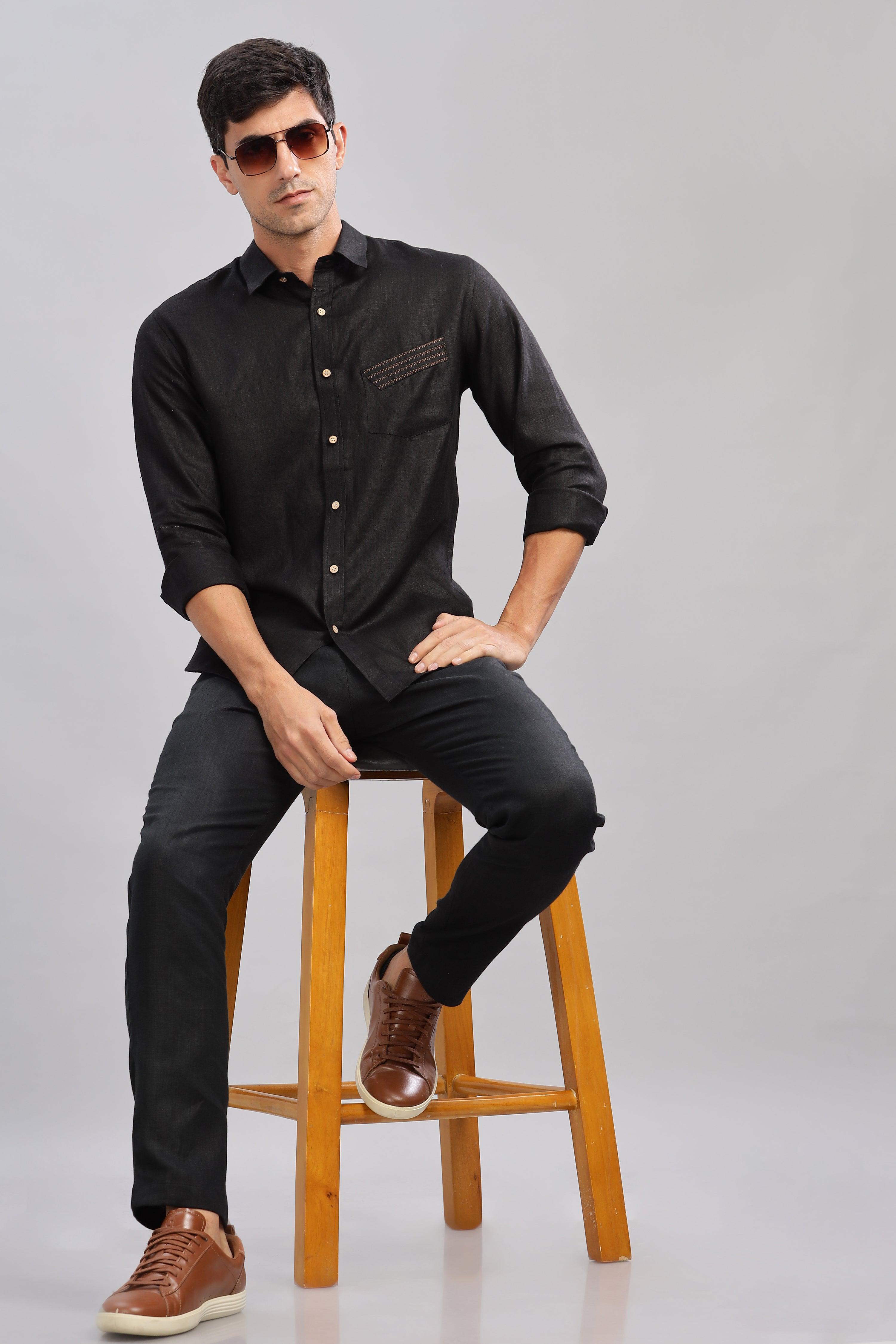 GALE - EMBROIDERED STITCH DETAIL BLACK SHIRT - UNIQUE LUXURY