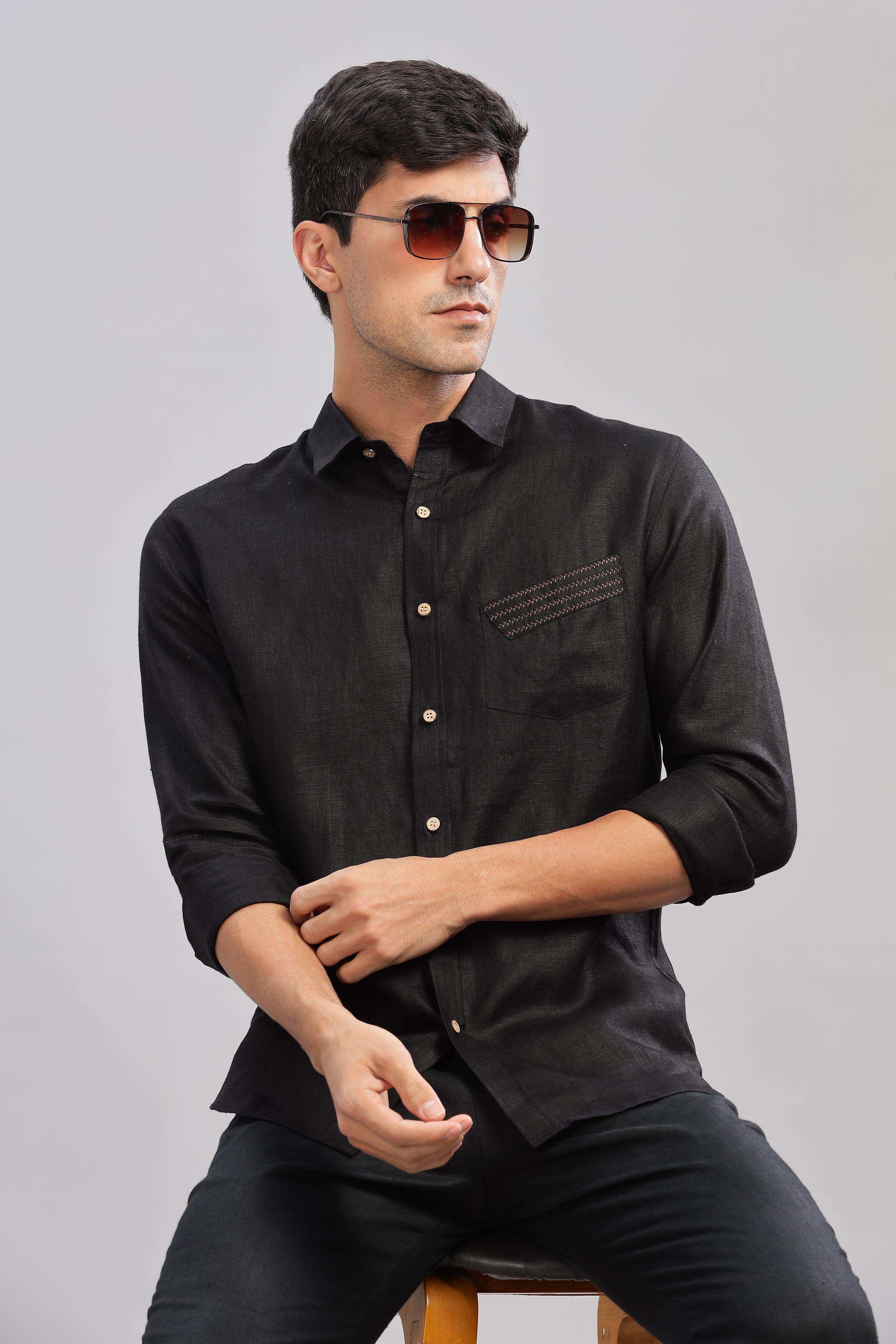 GALE - EMBROIDERED STITCH DETAIL BLACK SHIRT - UNIQUE LUXURY