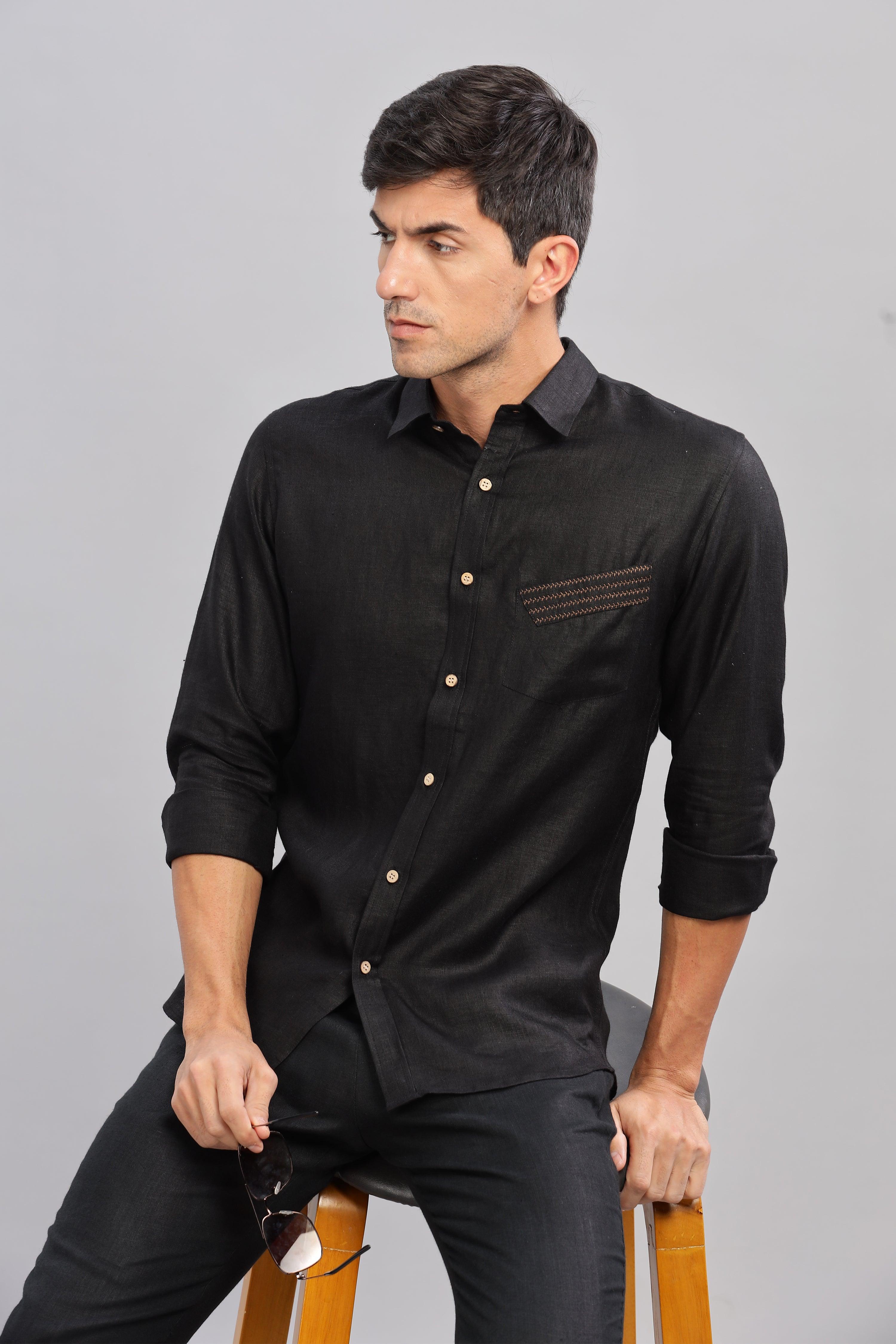 GALE - EMBROIDERED STITCH DETAIL BLACK SHIRT - UNIQUE LUXURY