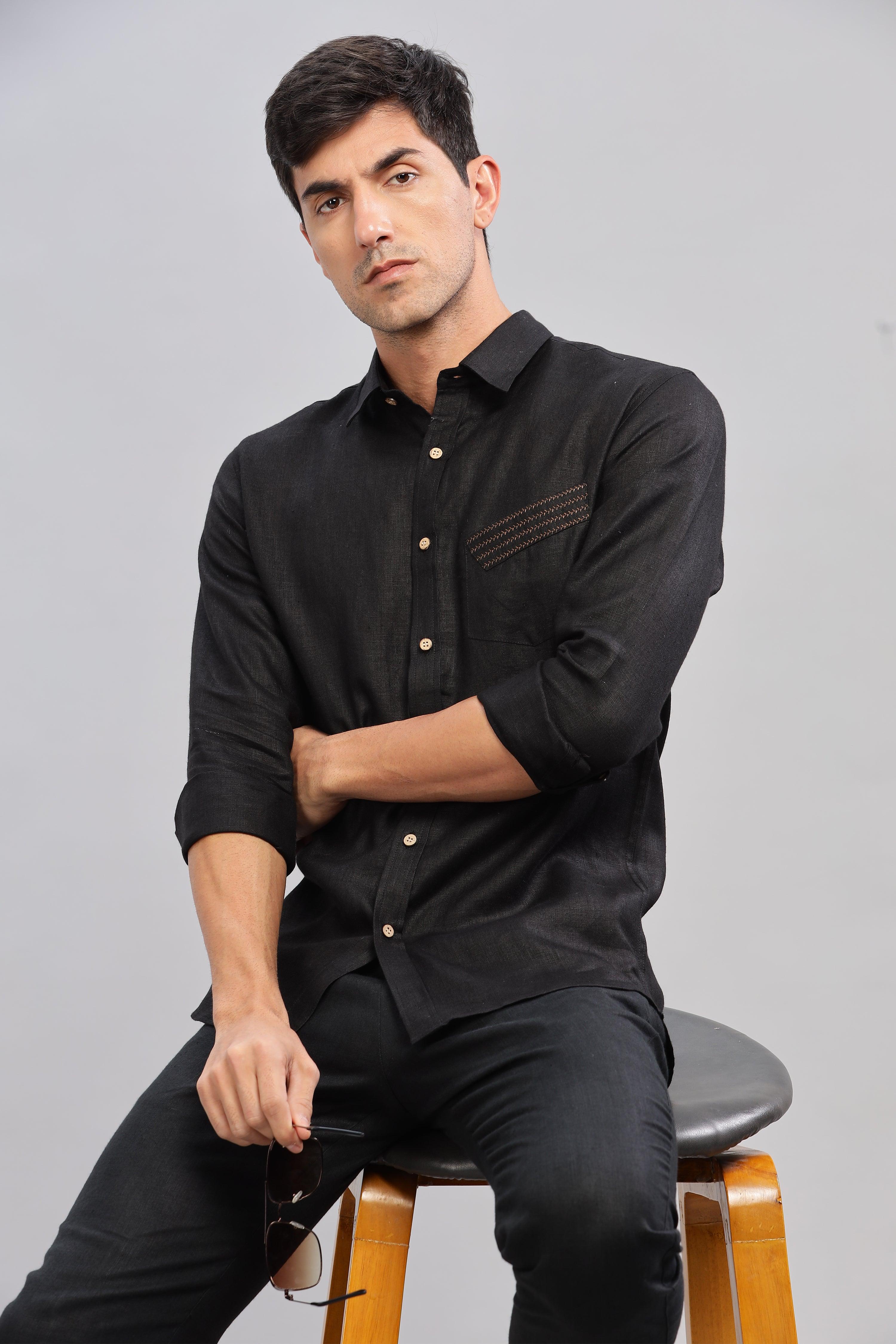 GALE - EMBROIDERED STITCH DETAIL BLACK SHIRT - UNIQUE LUXURY