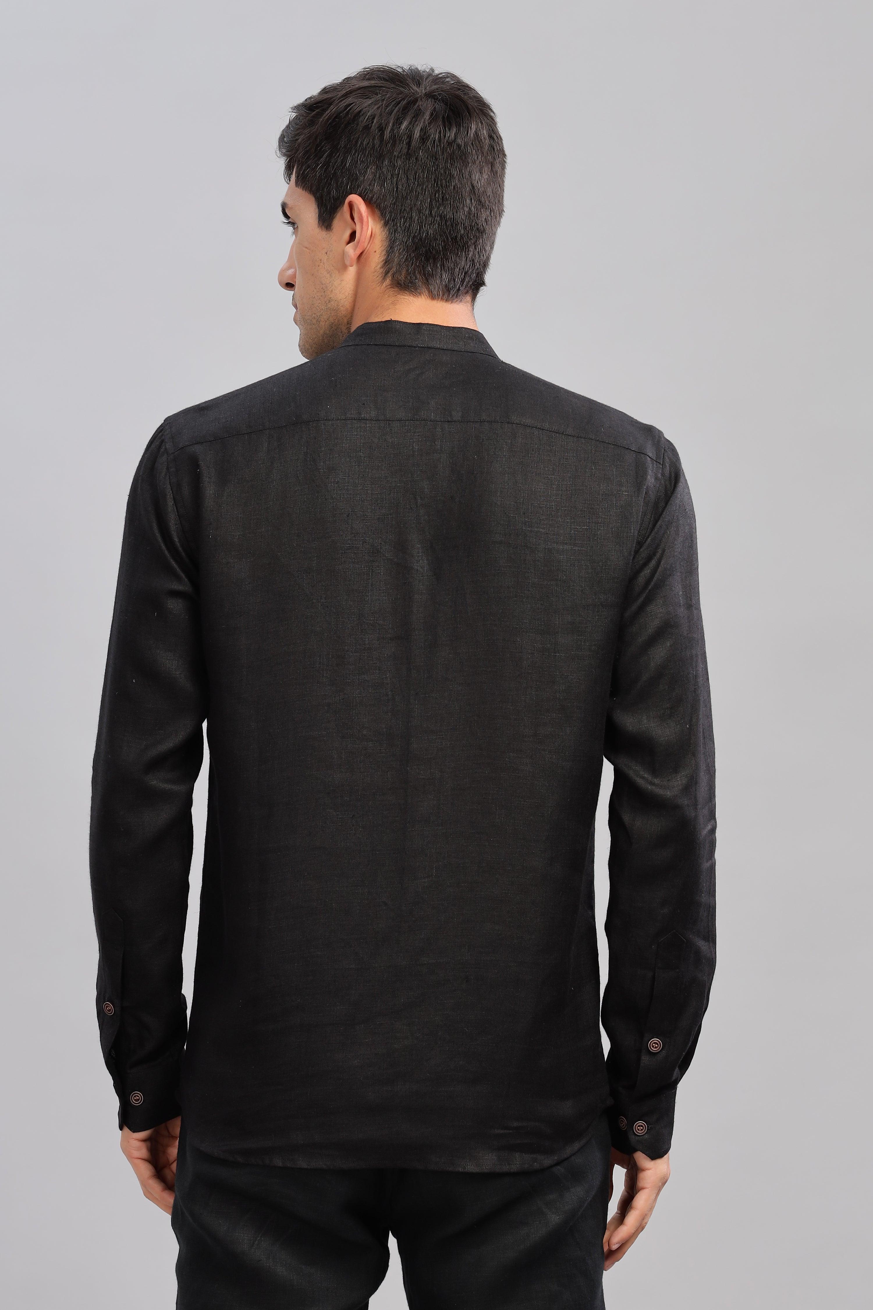 NILE Long Sleeves - 100% Pure Linen Half Placket Black Shirt