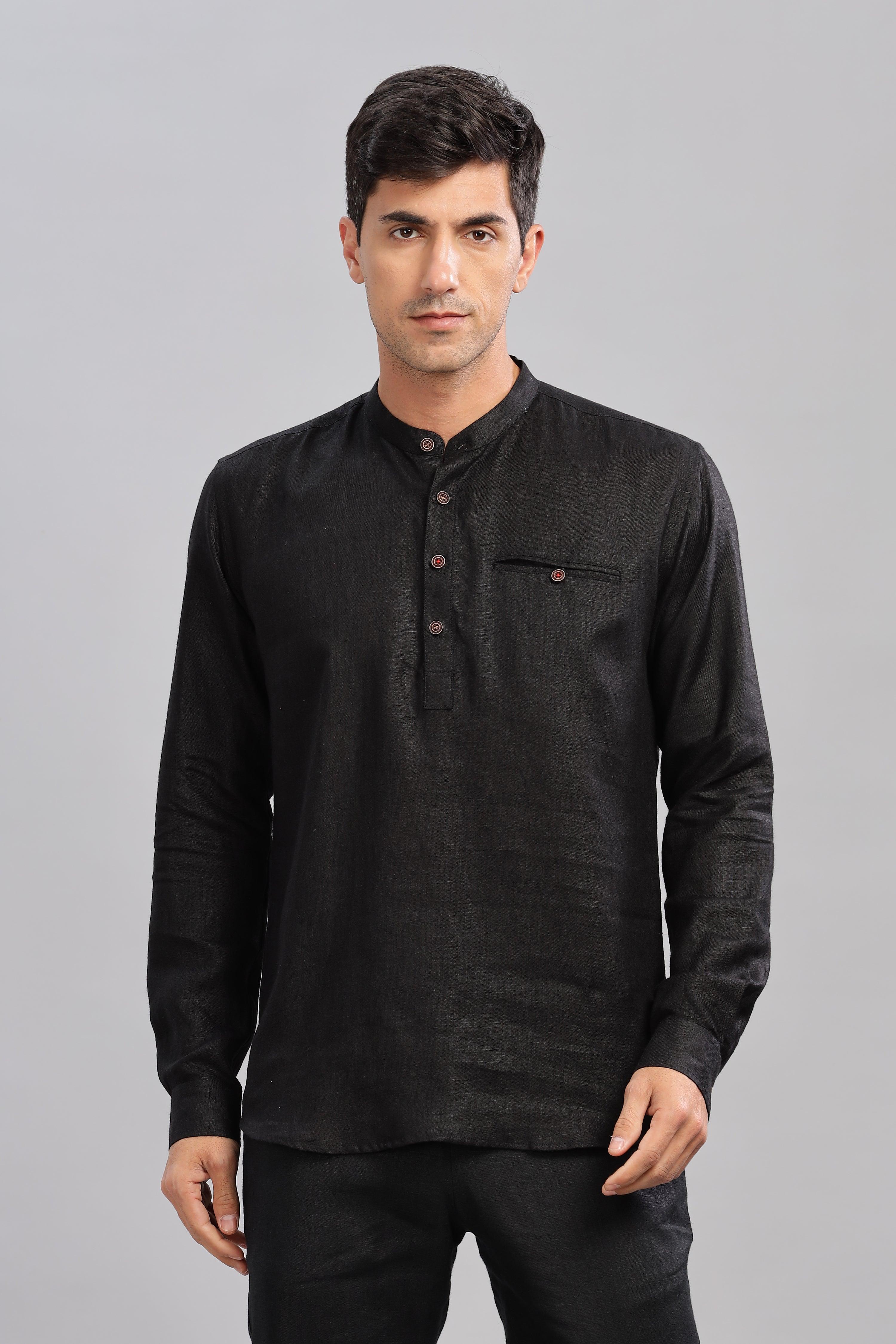NILE Long Sleeves - 100% Pure Linen Half Placket Black Shirt