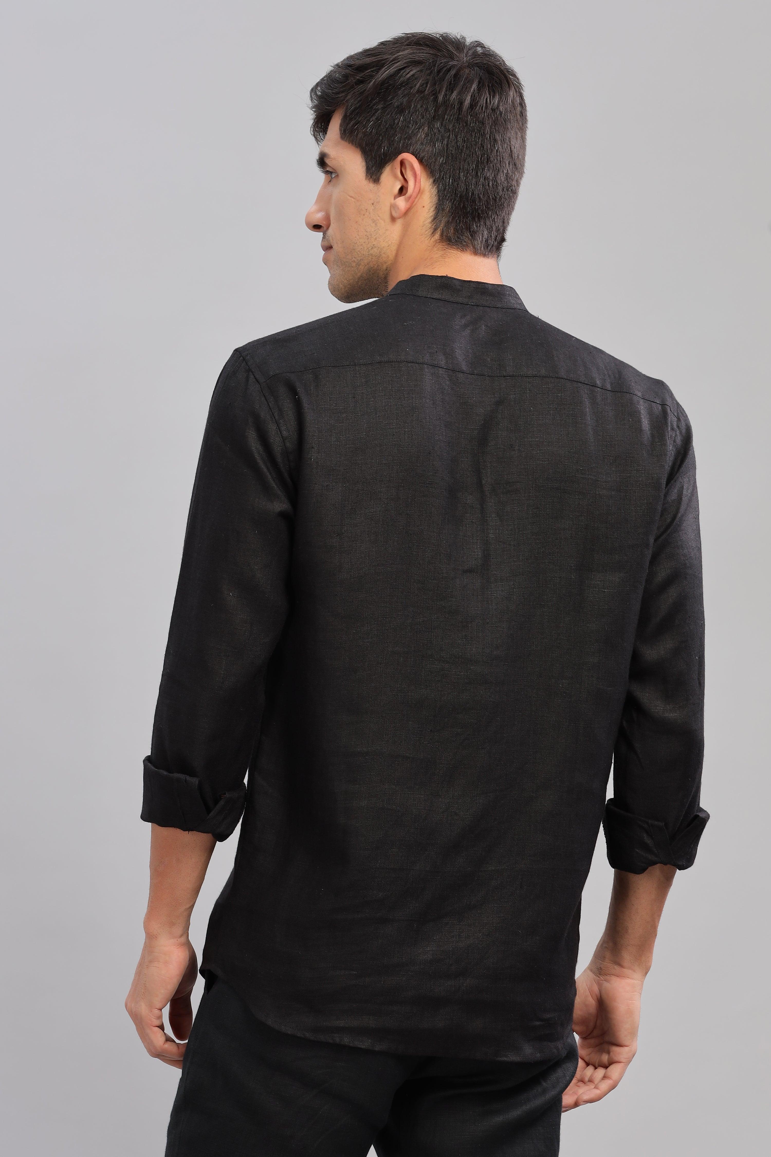 NILE Long Sleeves - 100% Pure Linen Half Placket Black Shirt