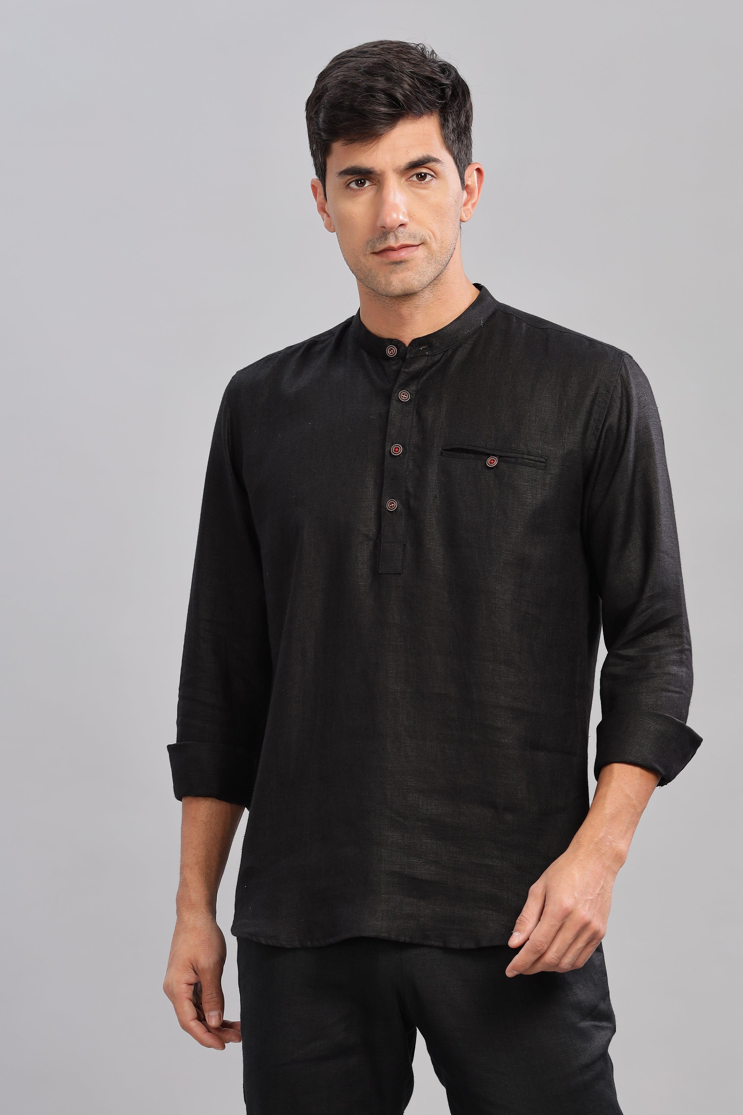 NILE Long Sleeves - 100% Pure Linen Half Placket Black Shirt