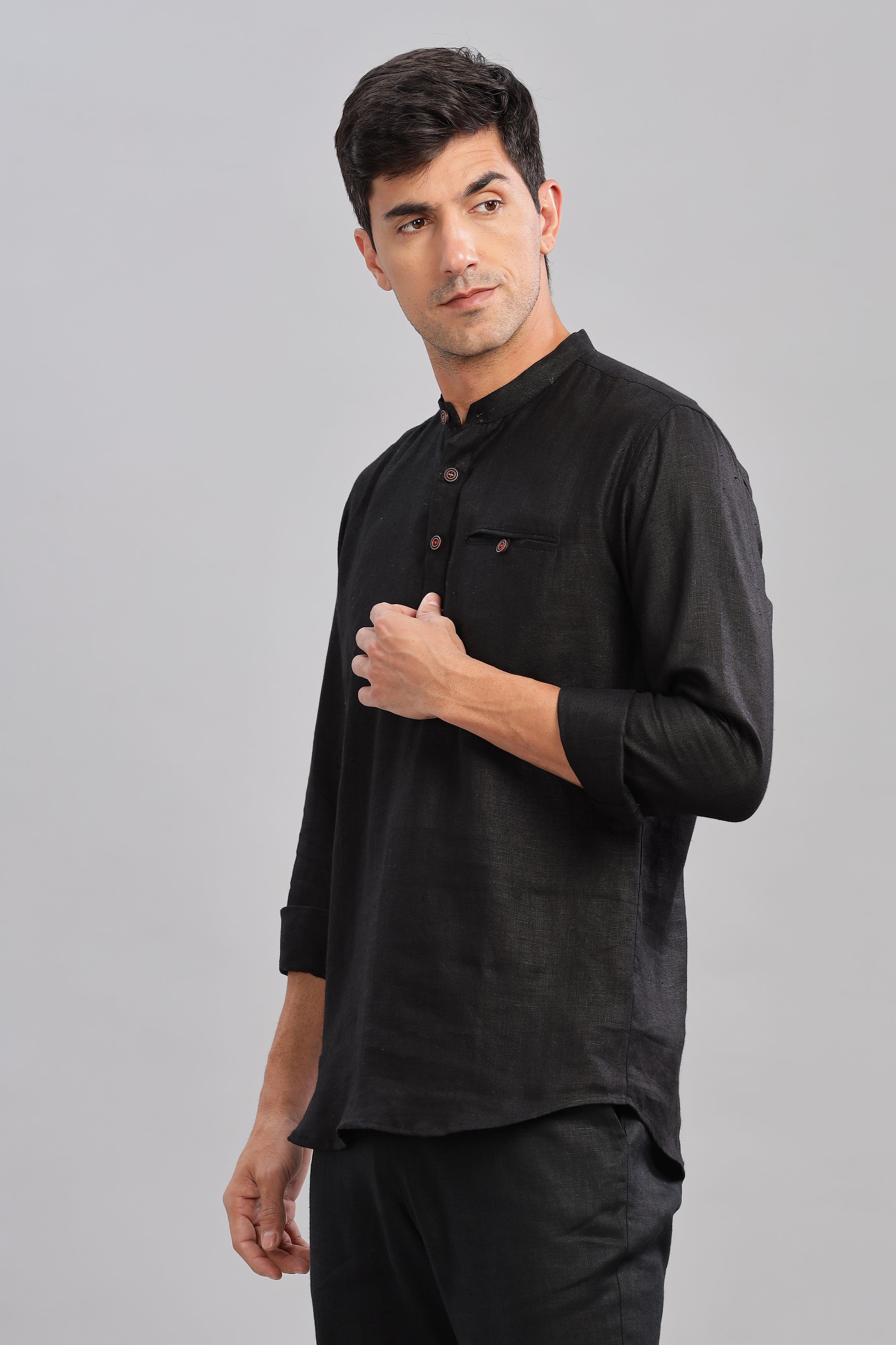 NILE Long Sleeves - 100% Pure Linen Half Placket Black Shirt