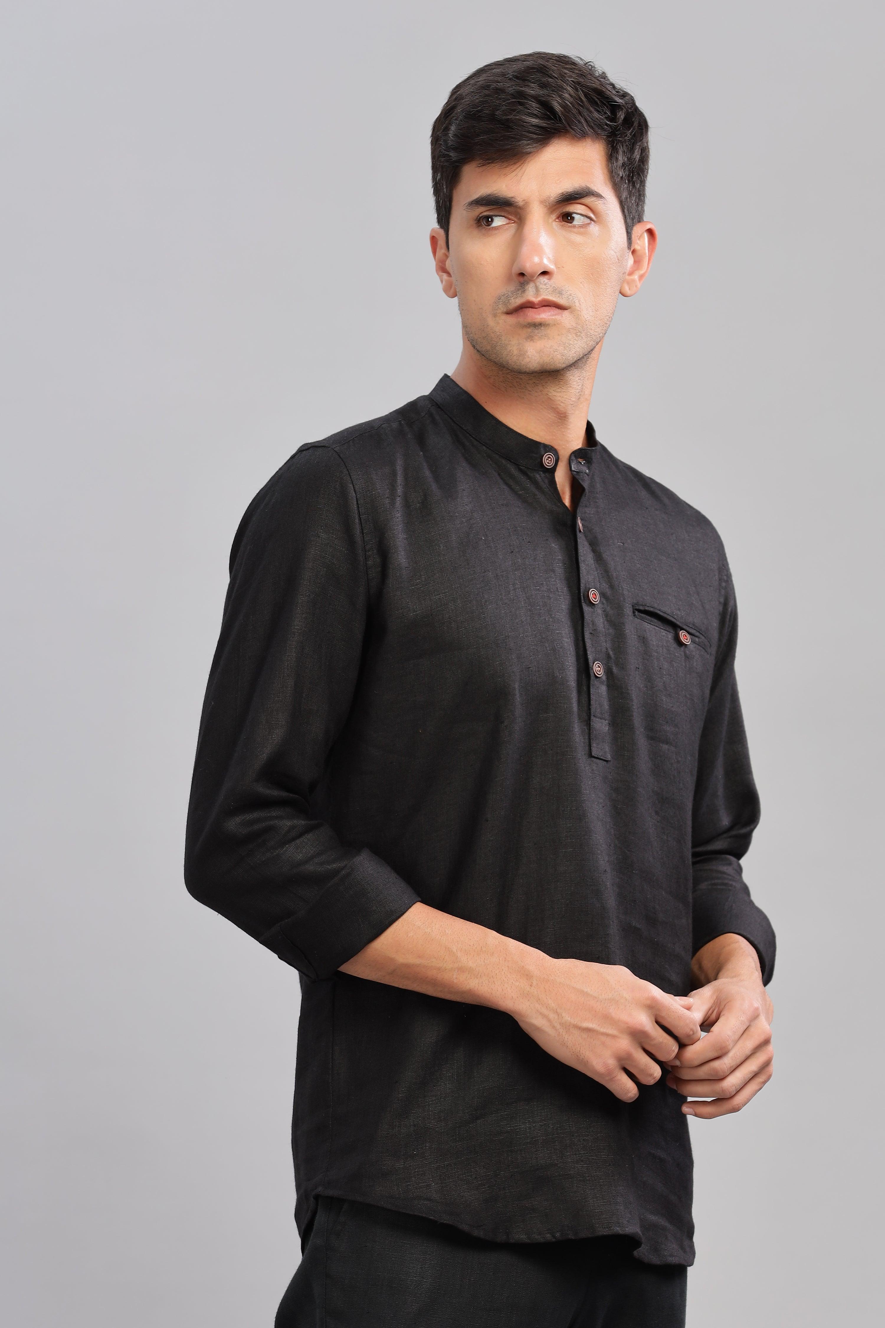 NILE Long Sleeves - 100% Pure Linen Half Placket Black Shirt
