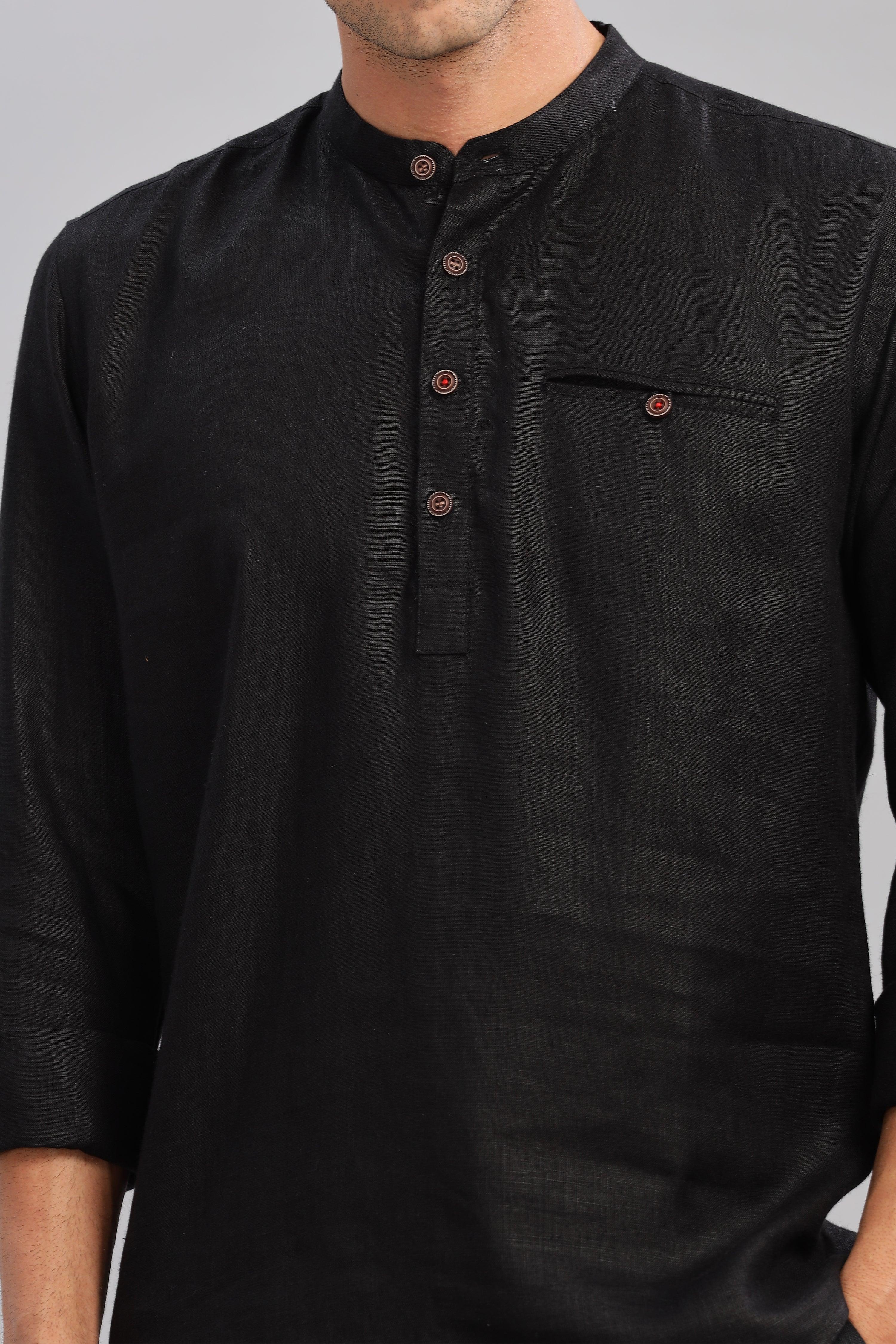 NILE Long Sleeves - 100% Pure Linen Half Placket Black Shirt