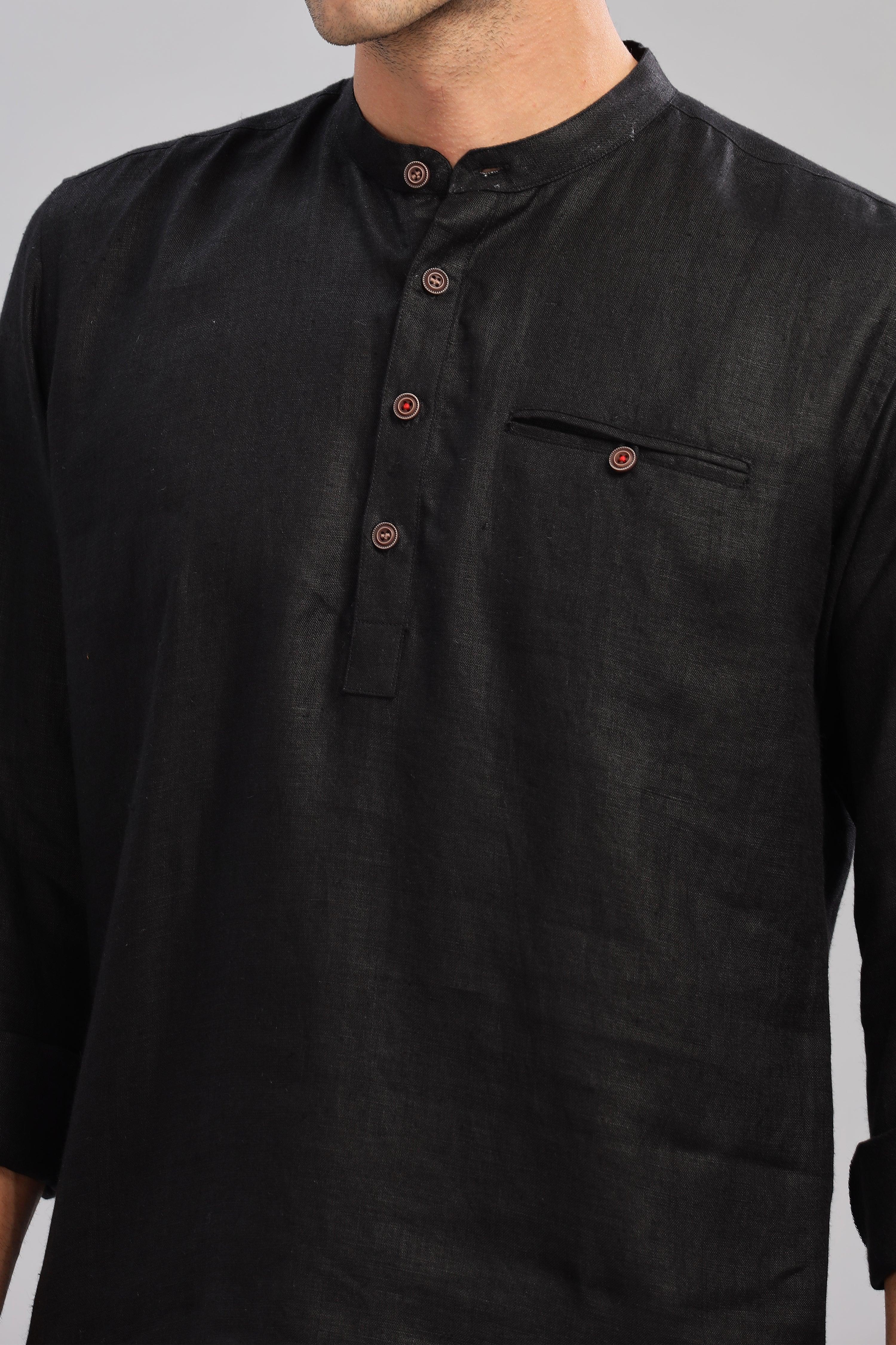 NILE Long Sleeves - 100% Pure Linen Half Placket Black Shirt