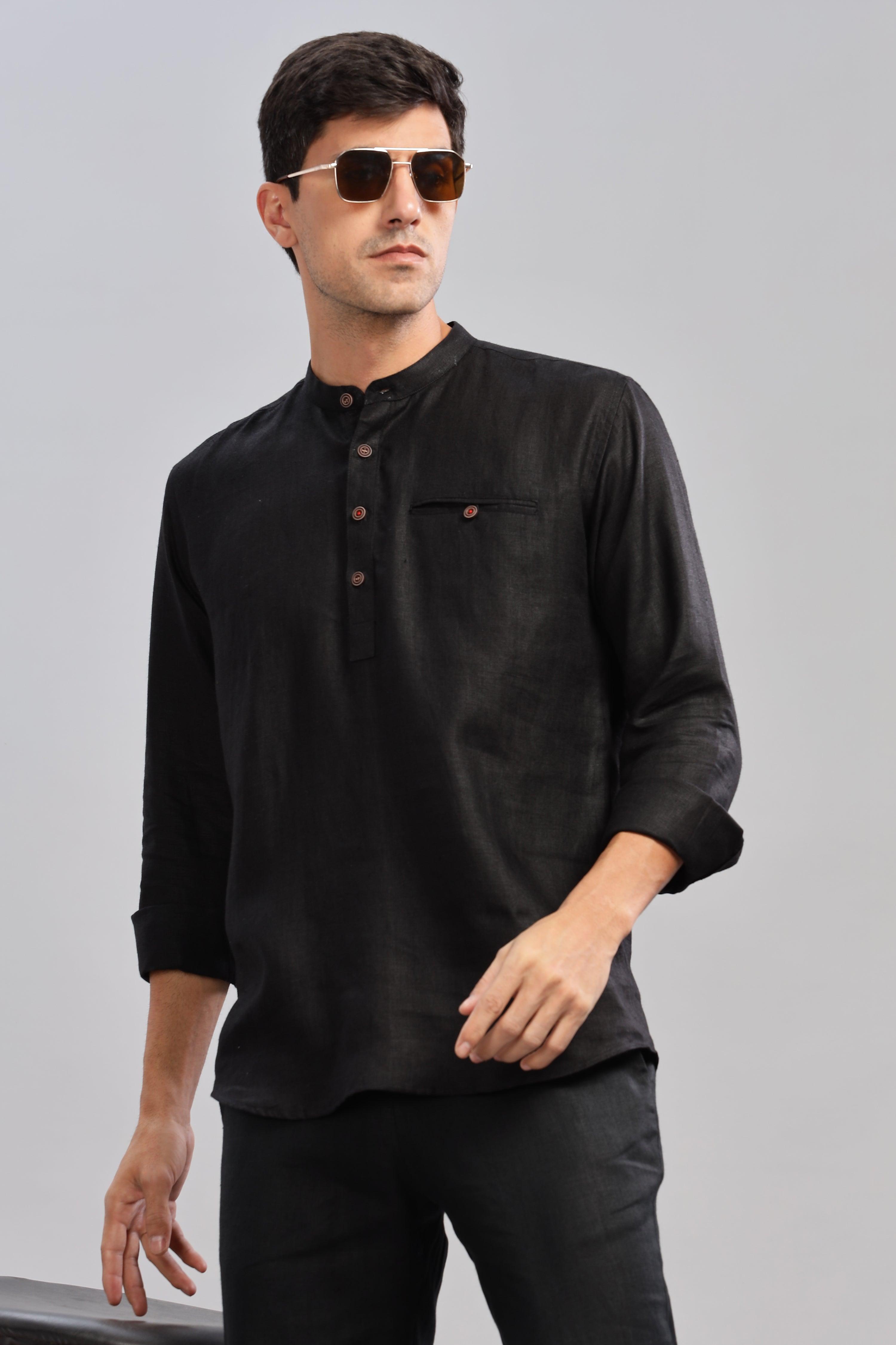 NILE Long Sleeves - 100% Pure Linen Half Placket Black Shirt