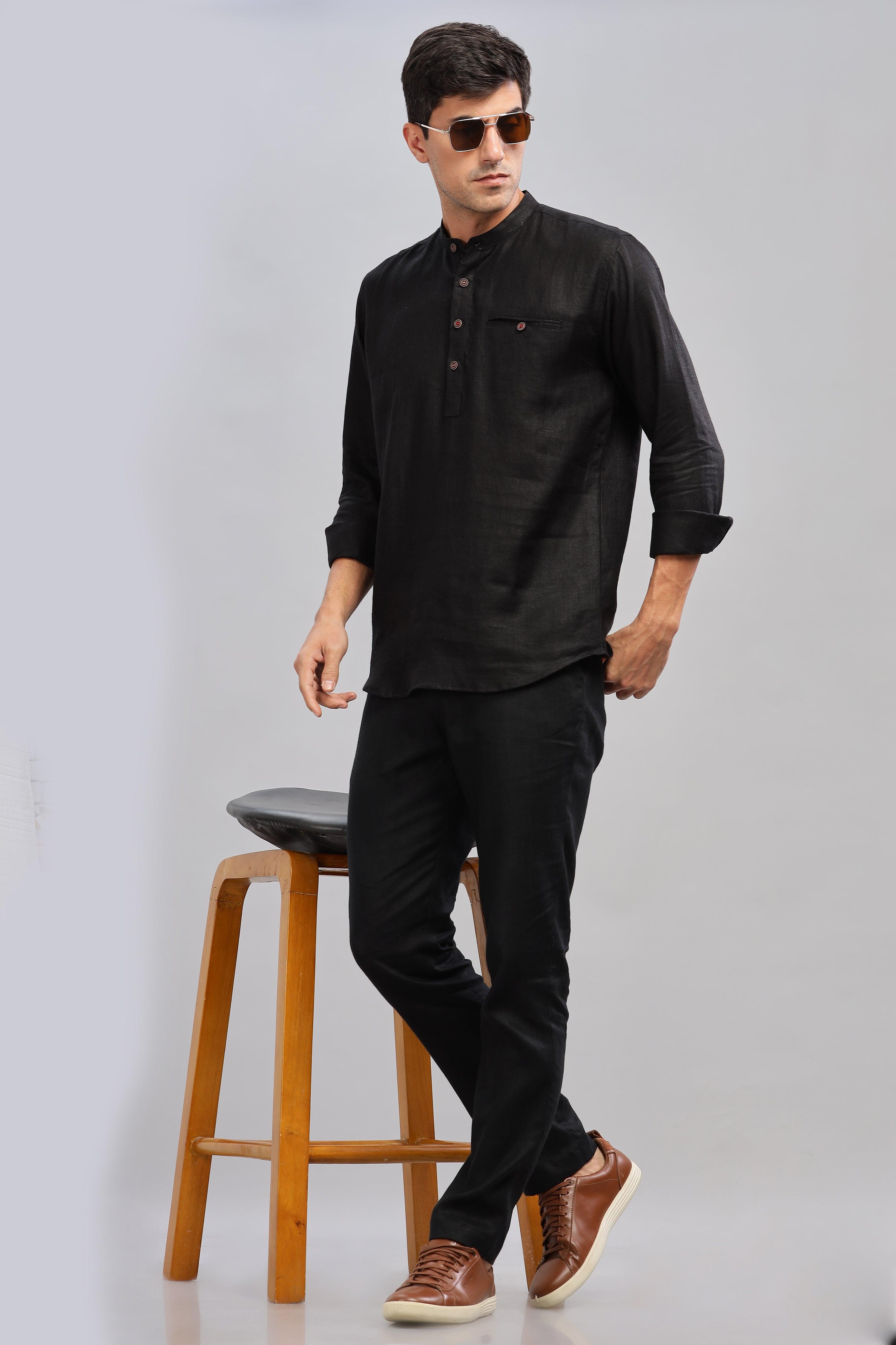 NILE Long Sleeves - 100% Pure Linen Half Placket Black Shirt