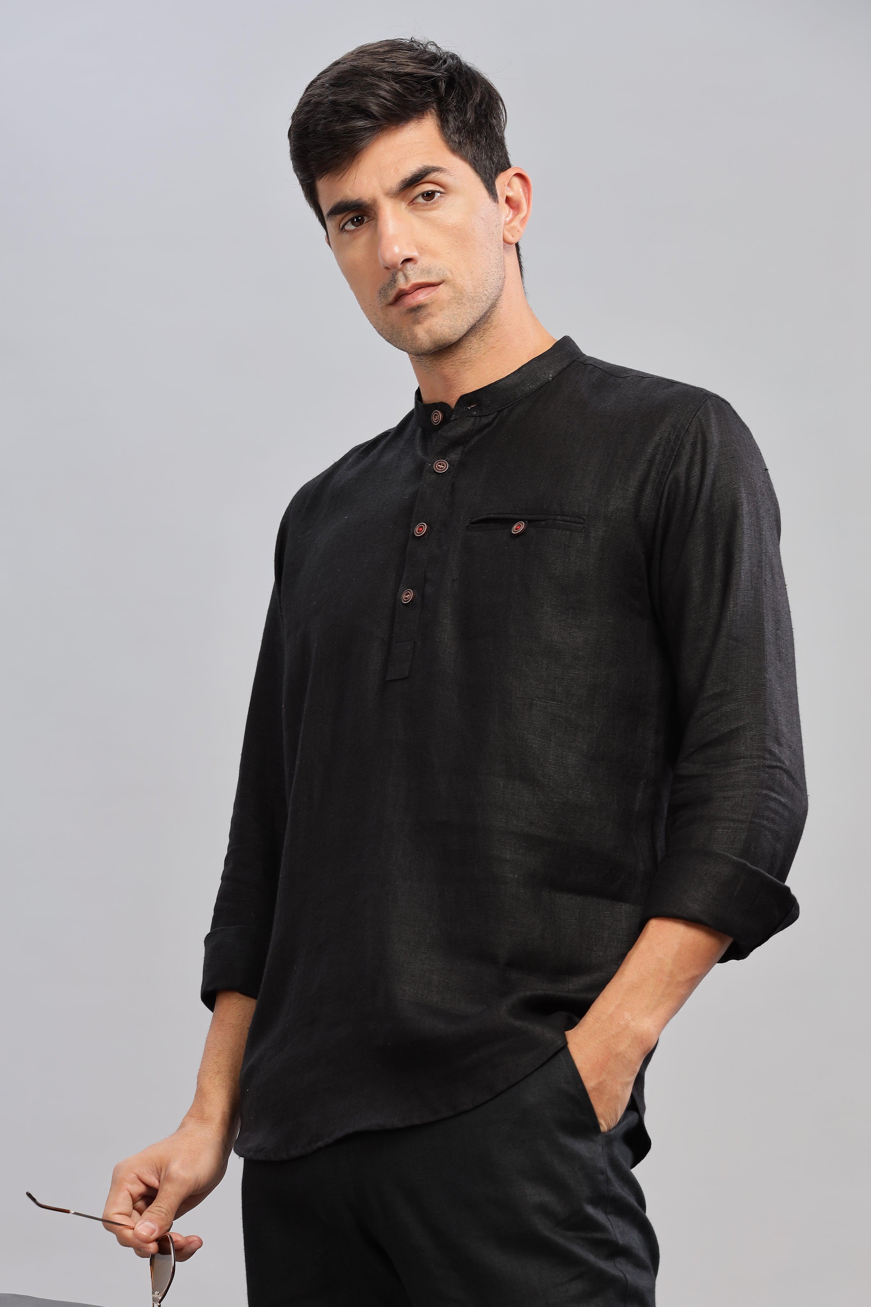 NILE Long Sleeves - 100% Pure Linen Half Placket Black Shirt