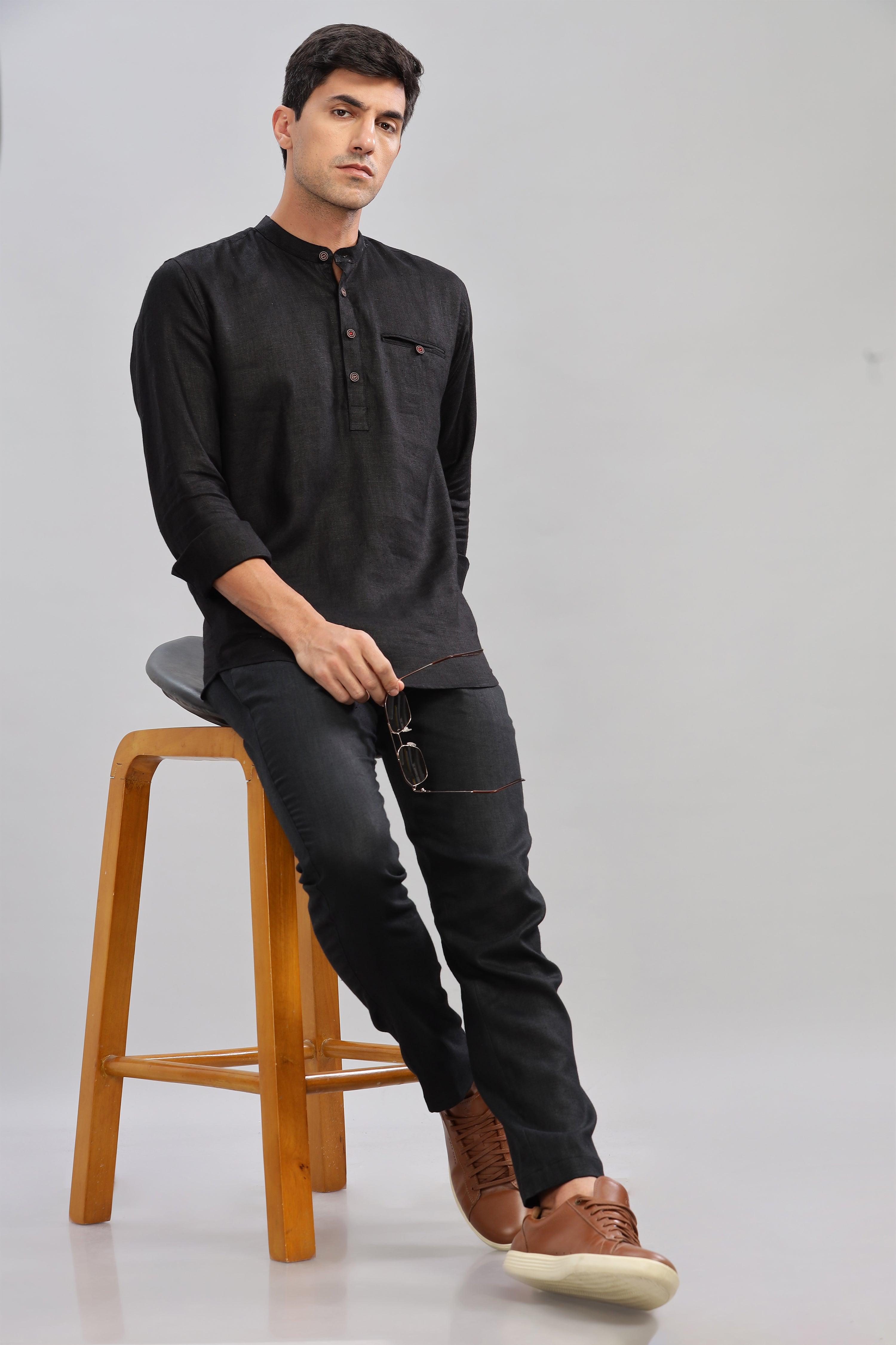 NILE Long Sleeves - 100% Pure Linen Half Placket Black Shirt