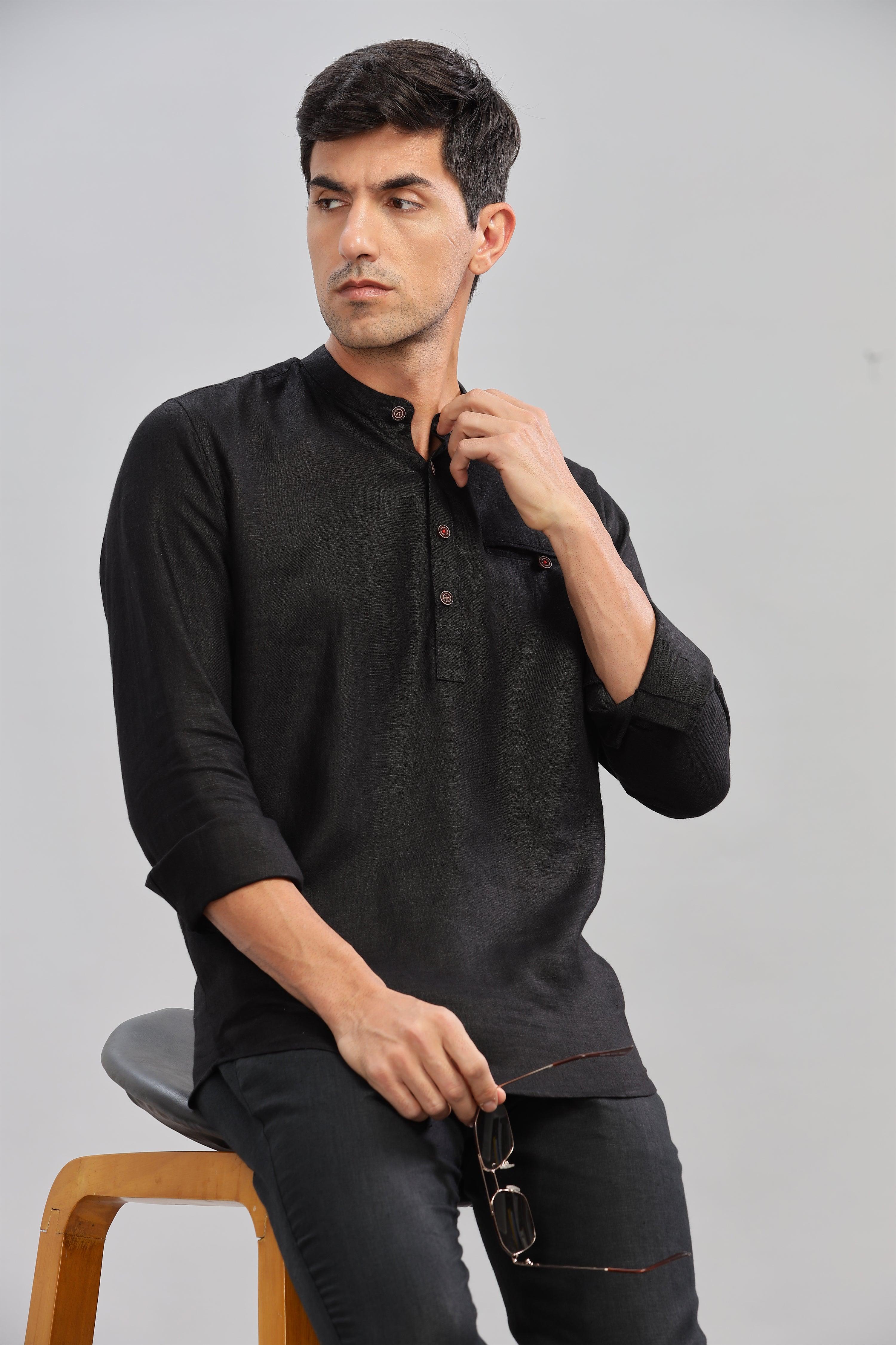 NILE Long Sleeves - 100% Pure Linen Half Placket Black Shirt