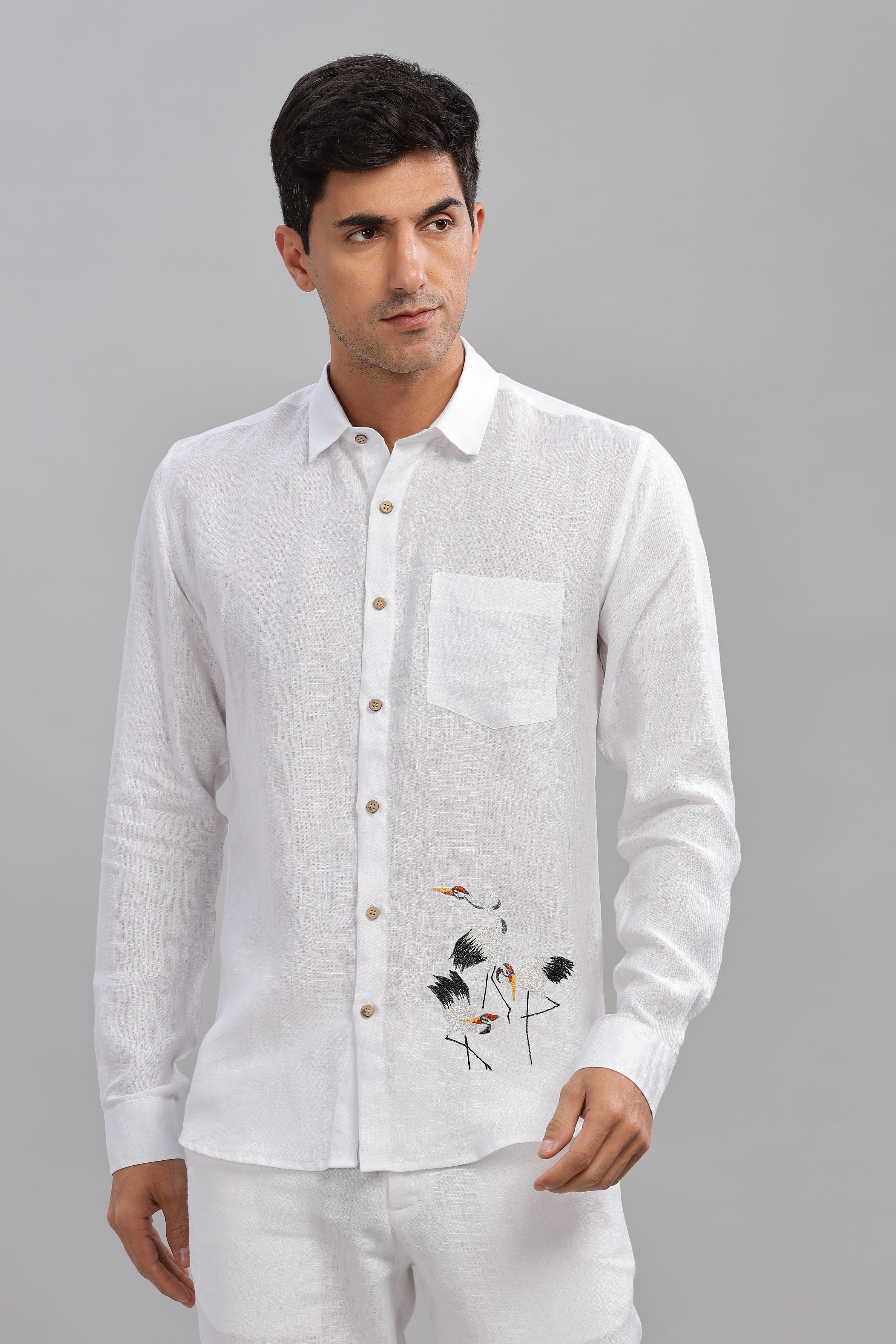 SKYE - Embroidered Love Stork Placement Embroidery Shirt White Pure Linen