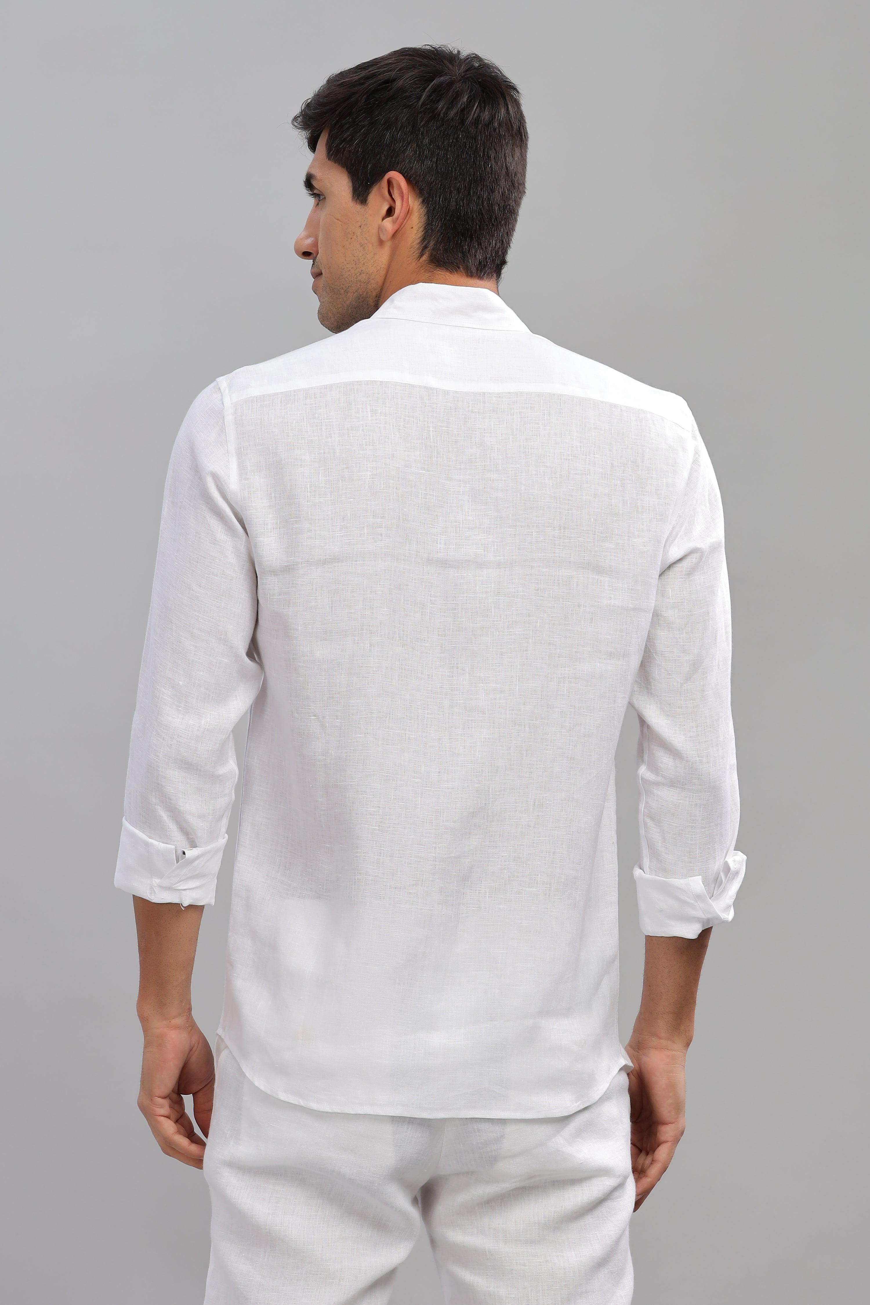 SKYE - Embroidered Love Stork Placement Embroidery Shirt White Pure Linen