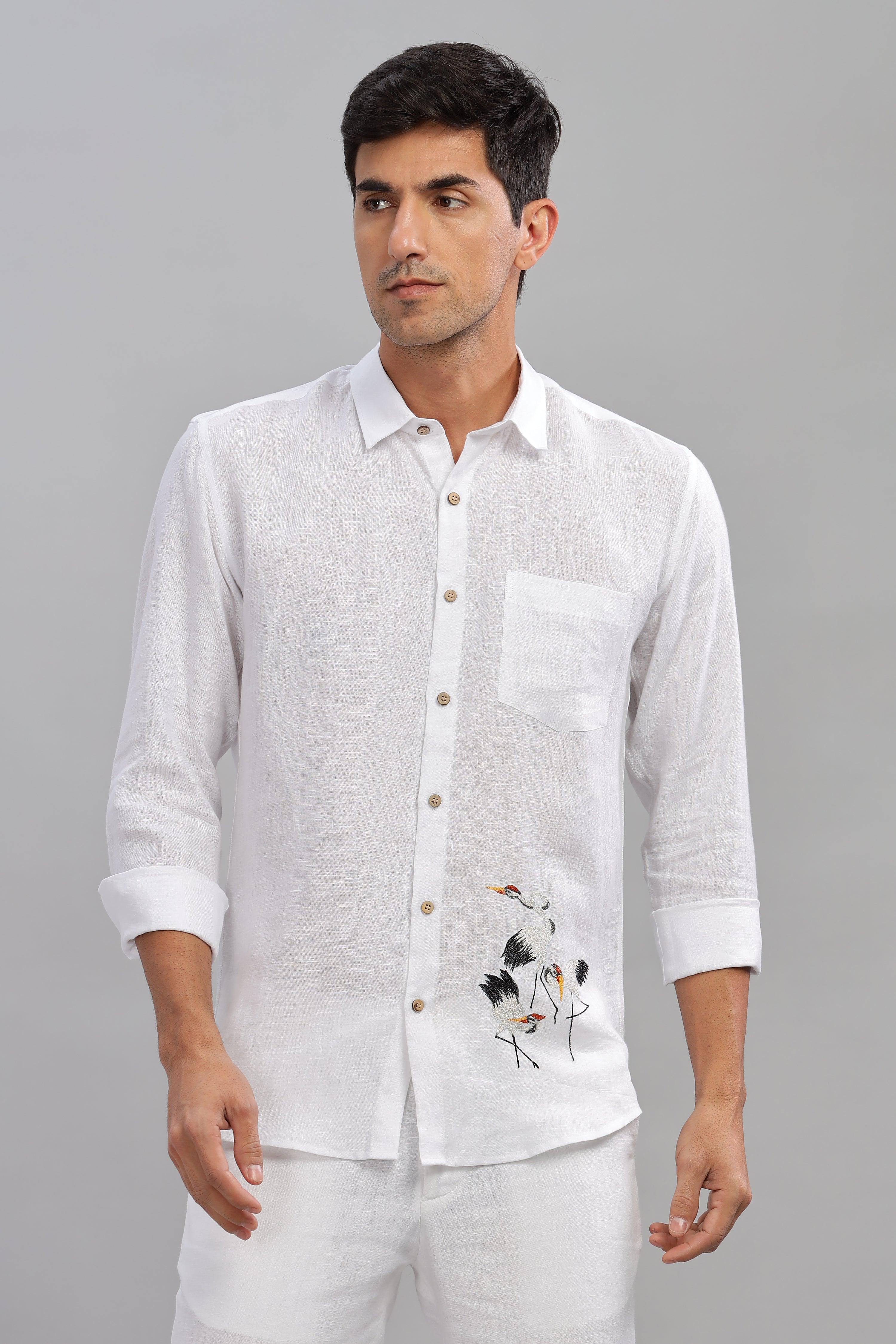 SKYE - Embroidered Love Stork Placement Embroidery Shirt White Pure Linen