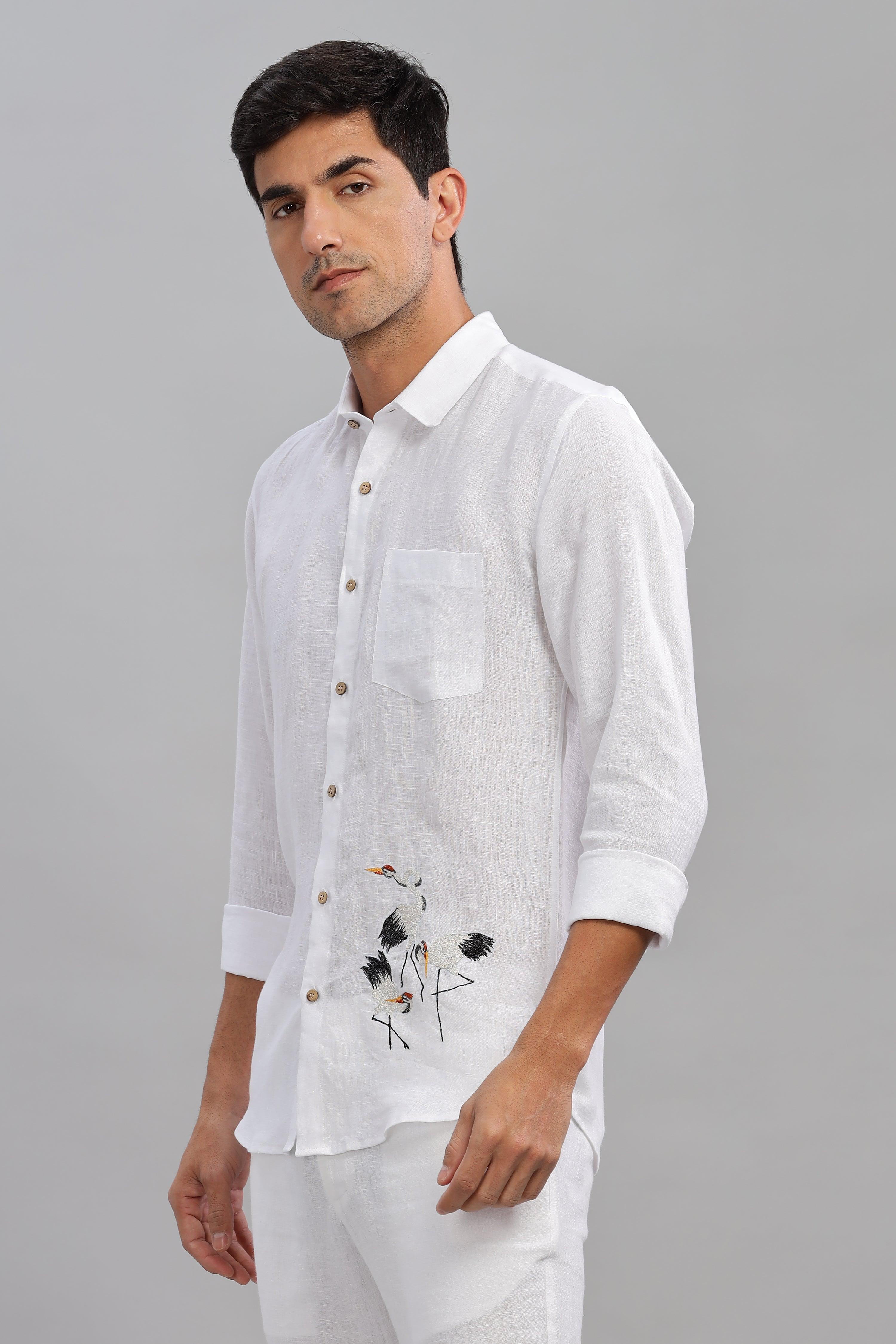 SKYE - Embroidered Love Stork Placement Embroidery Shirt White Pure Linen