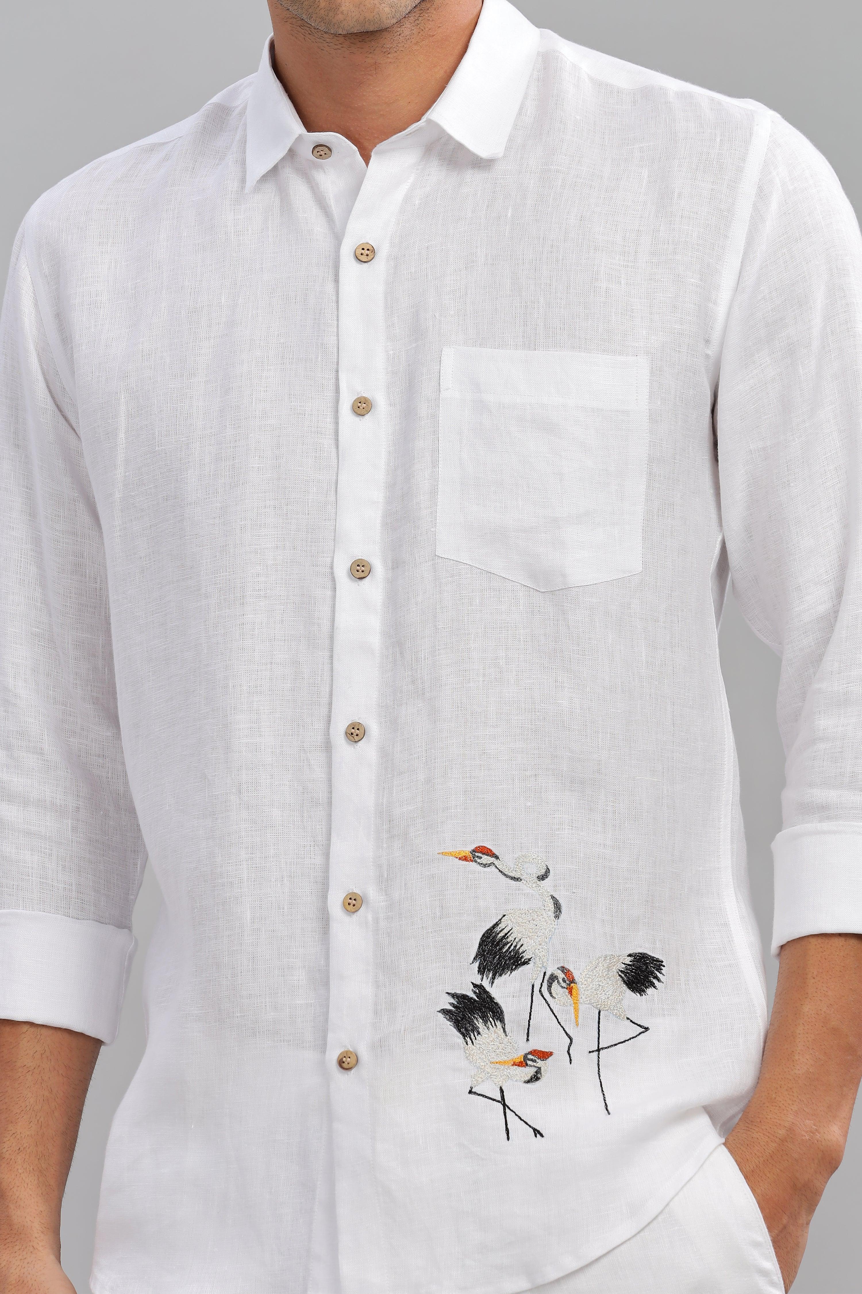 SKYE - Embroidered Love Stork Placement Embroidery Shirt White Pure Linen