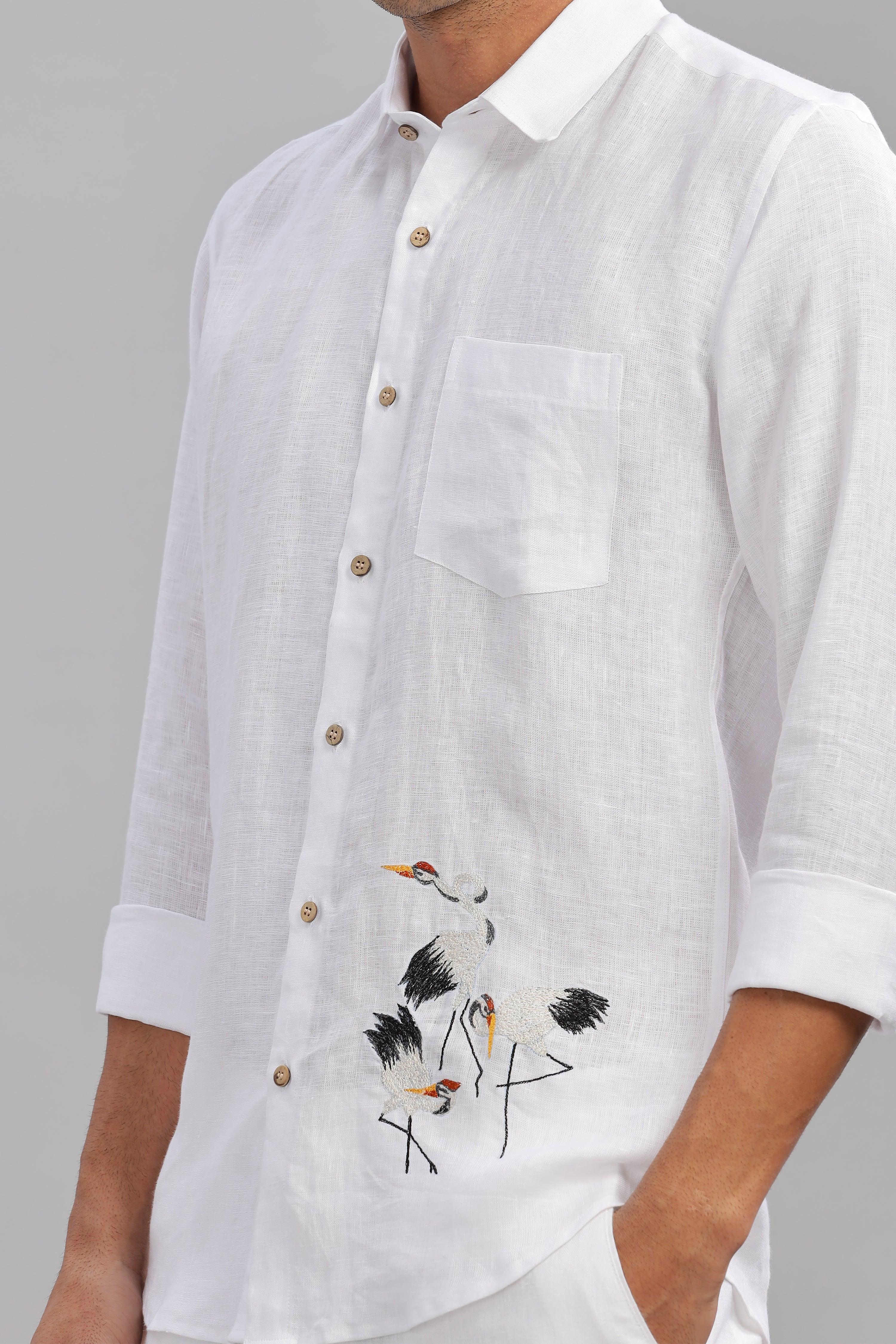 SKYE - Embroidered Love Stork Placement Embroidery Shirt White Pure Linen