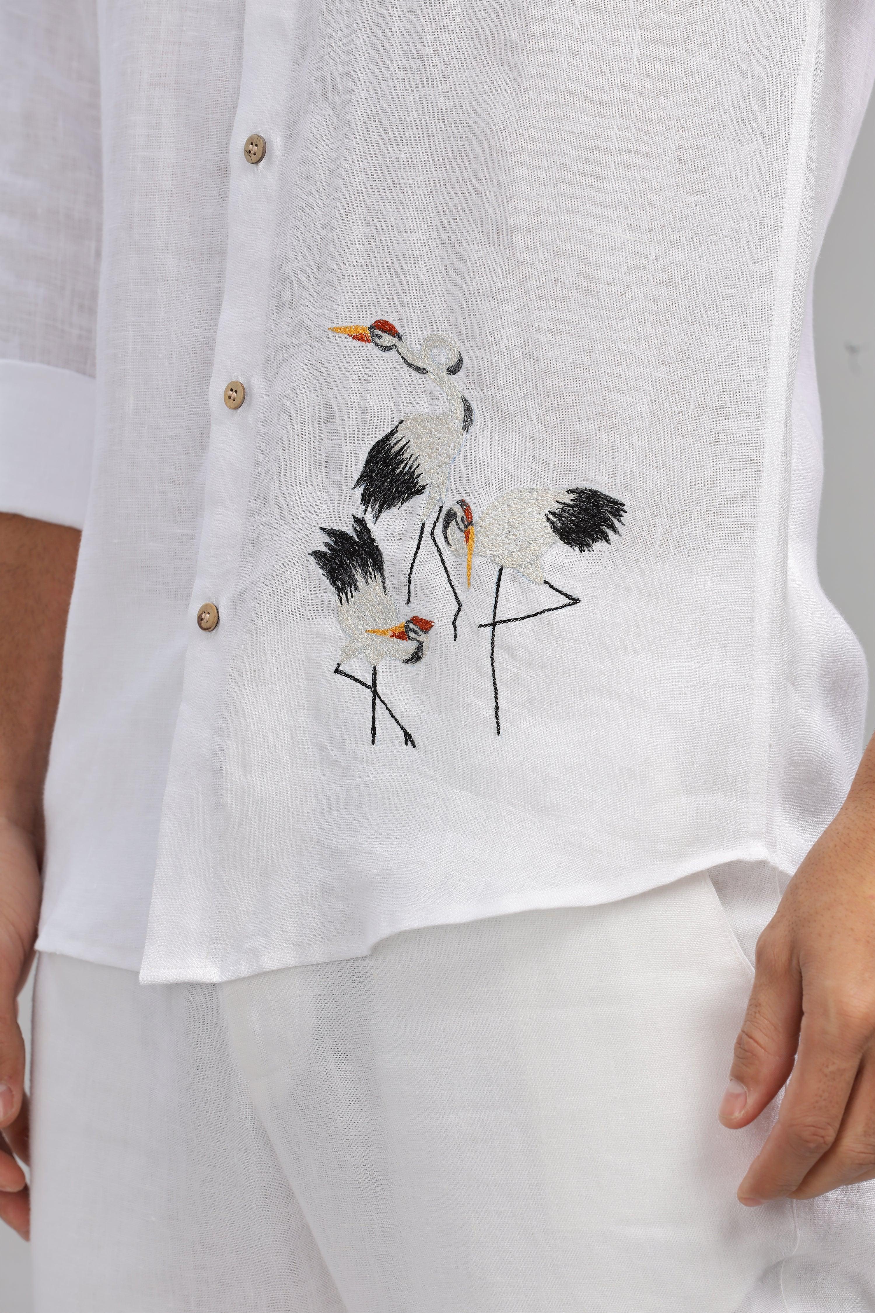 SKYE - Embroidered Love Stork Placement Embroidery Shirt  White Pure Linen