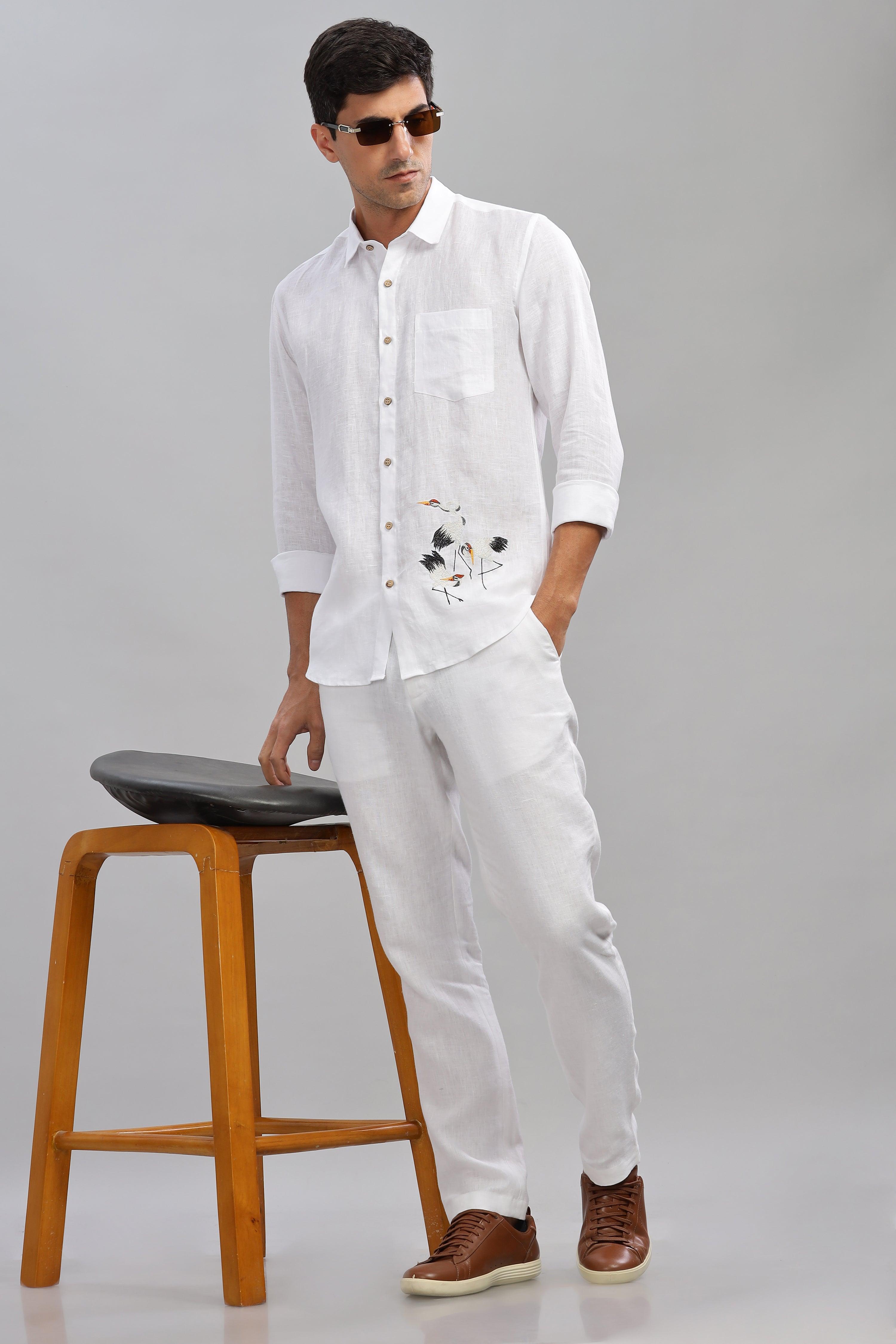 SKYE - Embroidered Love Stork Placement Embroidery Shirt White Pure Linen