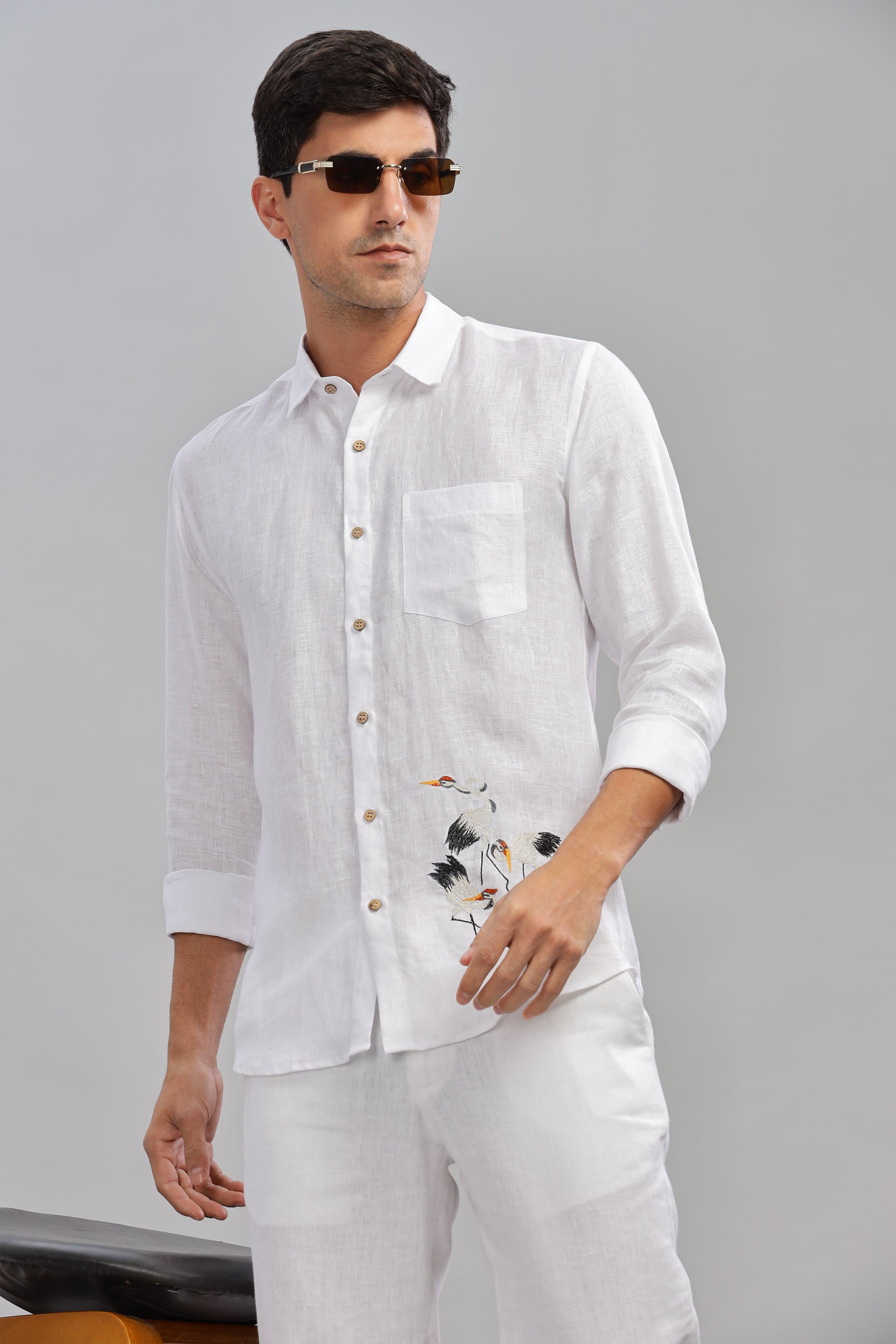 SKYE - Embroidered Love Stork Placement Embroidery Shirt White Pure Linen