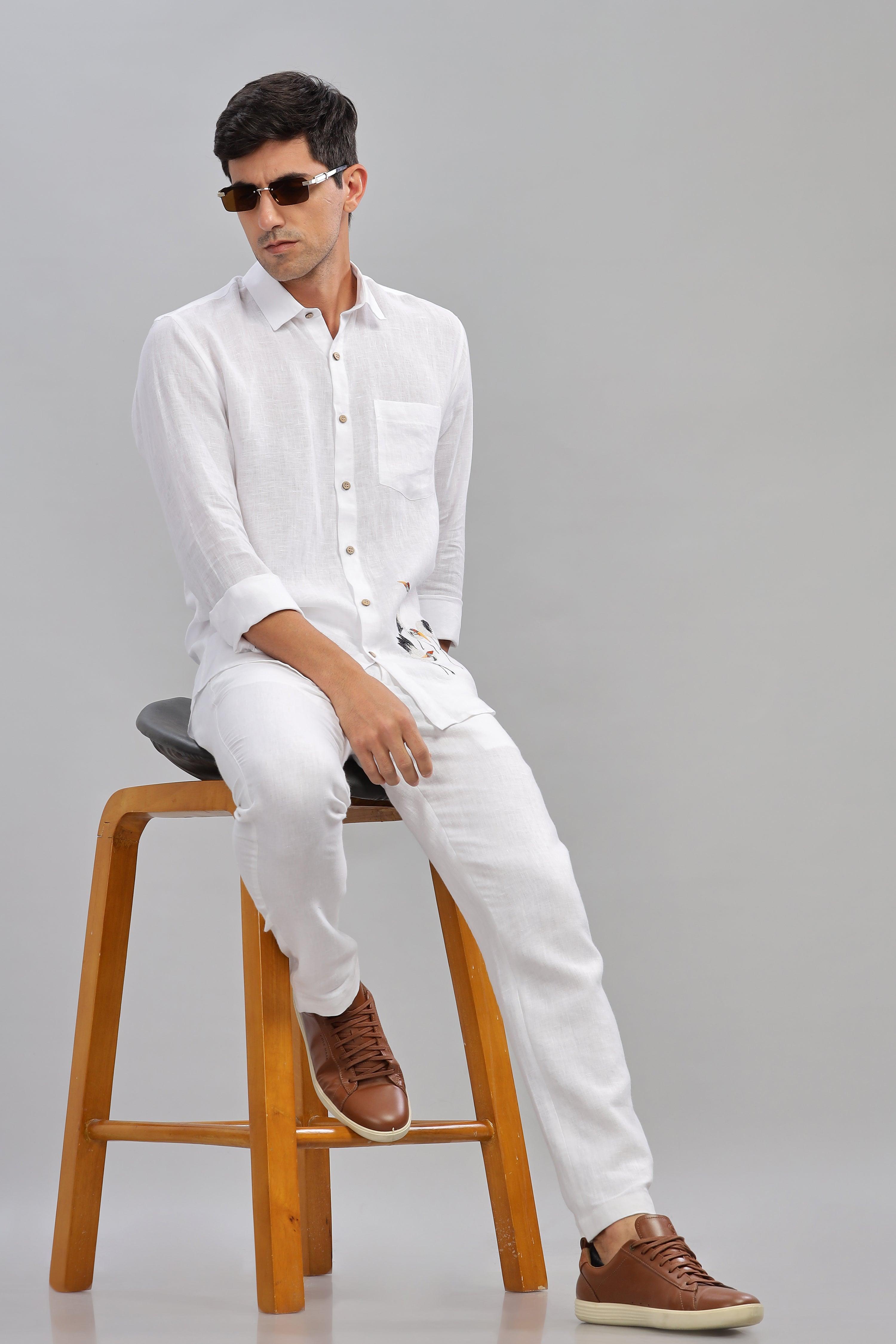 SKYE - Embroidered Love Stork Placement Embroidery Shirt  White Pure Linen