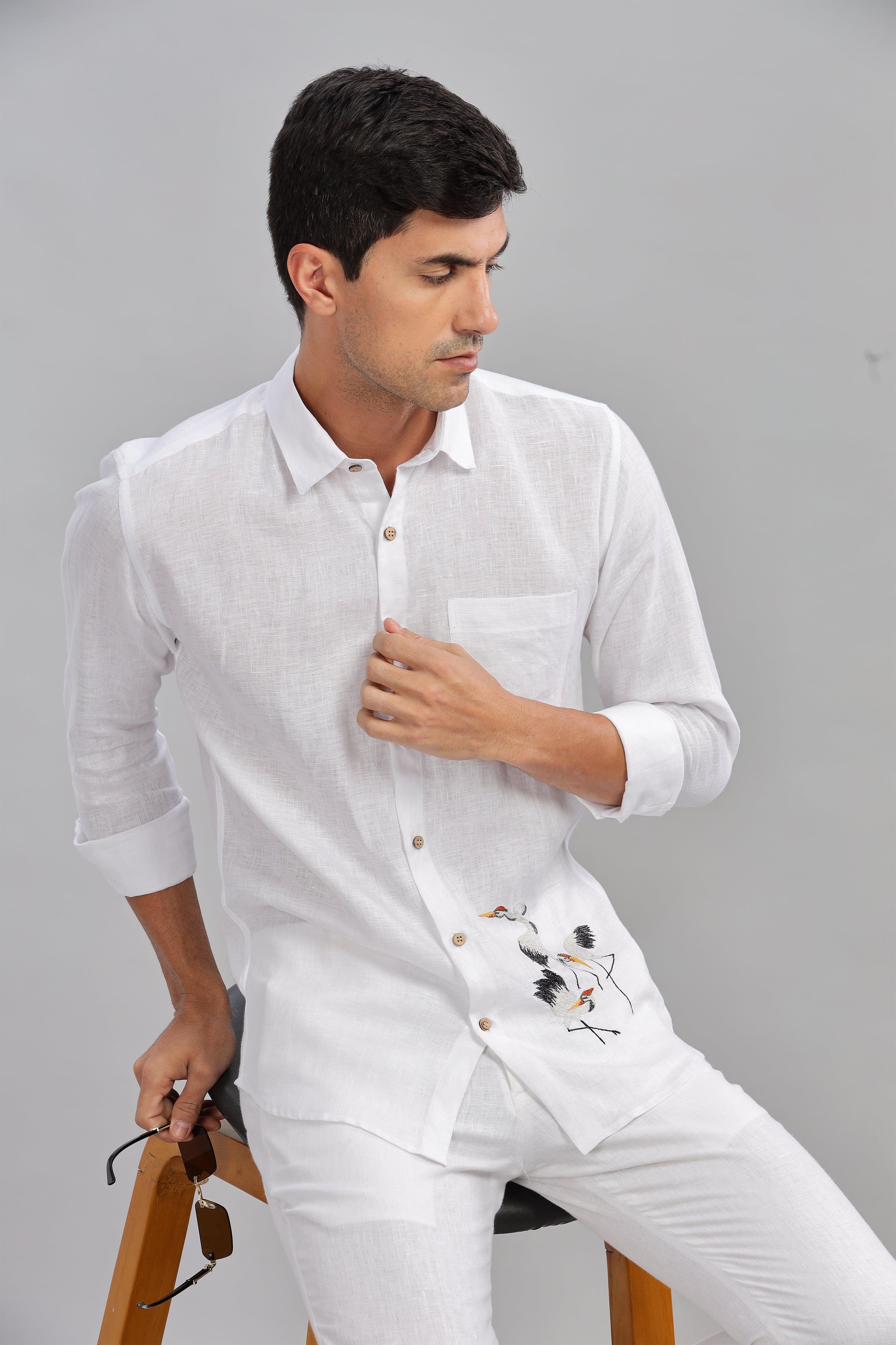 SKYE - Embroidered Love Stork Placement Embroidery Shirt White Pure Linen